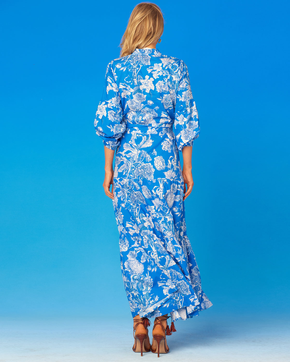 NicoBlu® Camille Long Ruffle Dress in Blue and White Flora Toile