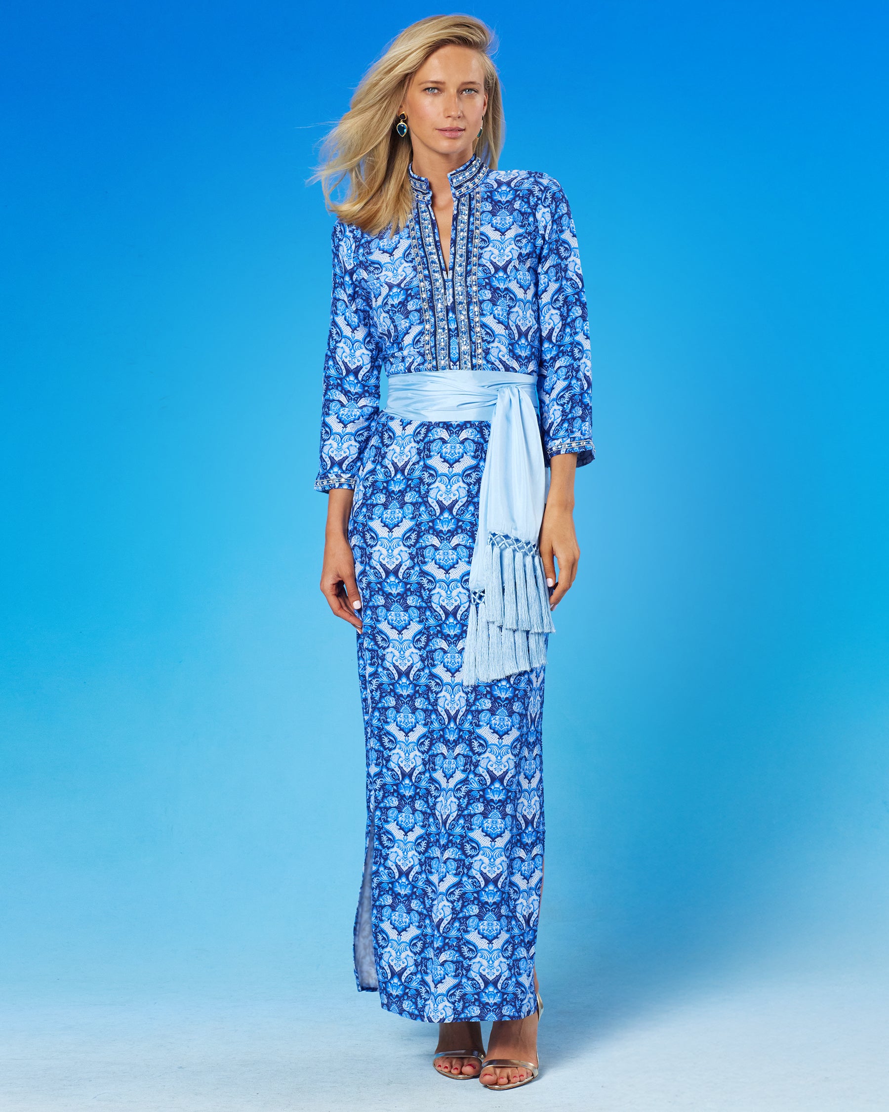 Shalimar Long Tunic Dress with Navy Jewel Embellishment with Cosima Sash Belt