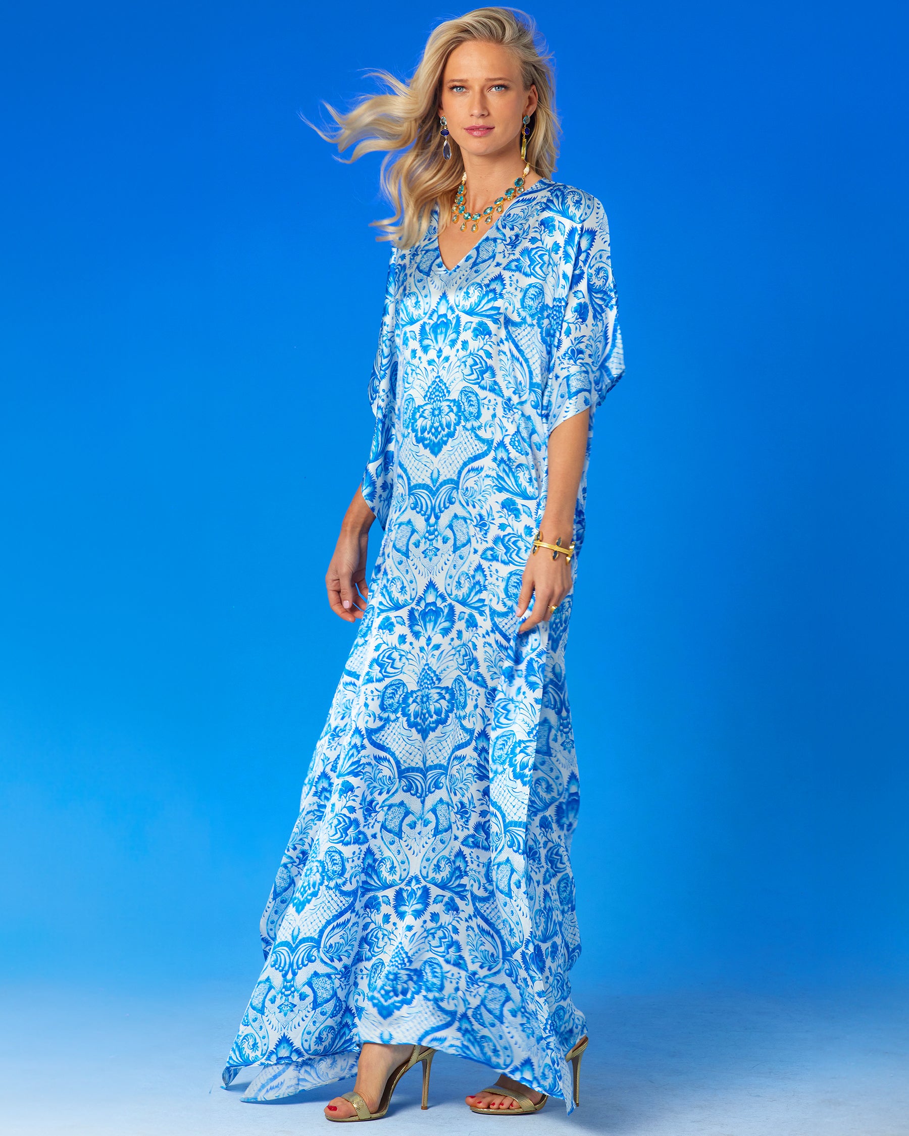 Shalimar Silk Kaftan in Blue and White-Side View
