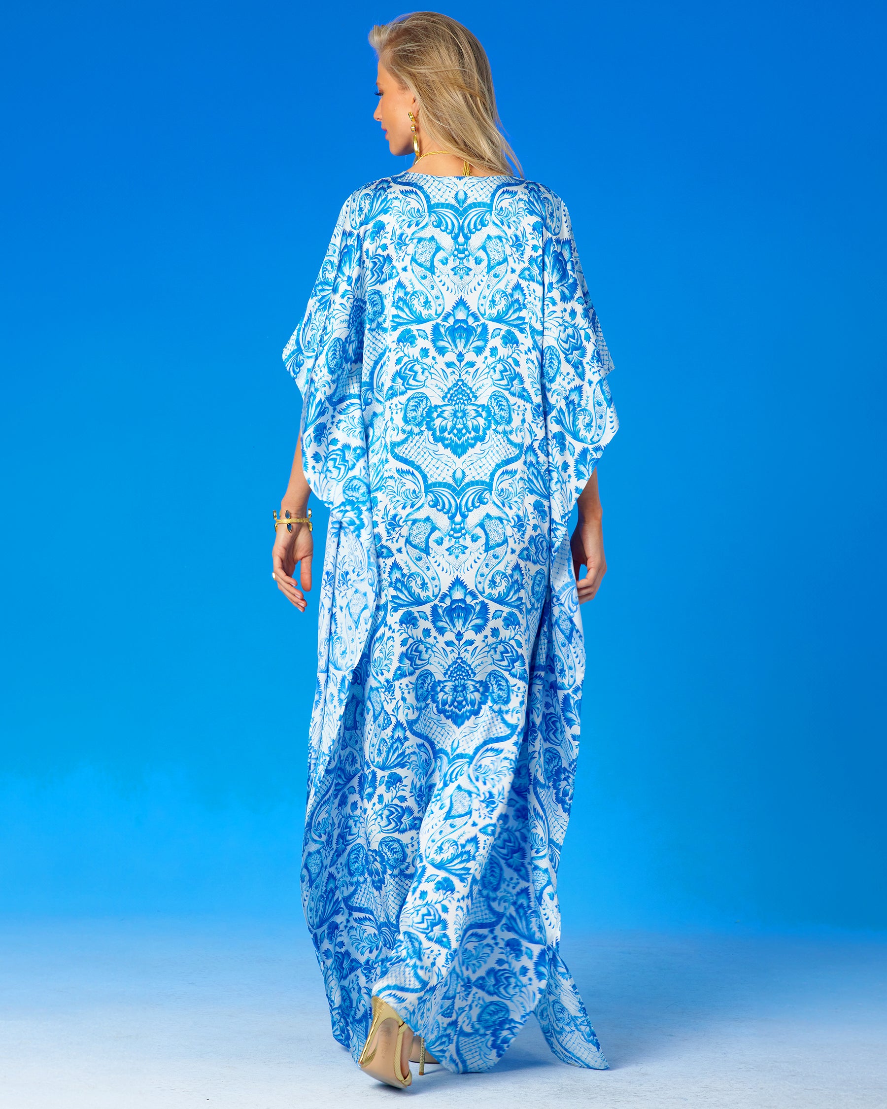 Shalimar Silk Kaftan in Blue and White-Back view