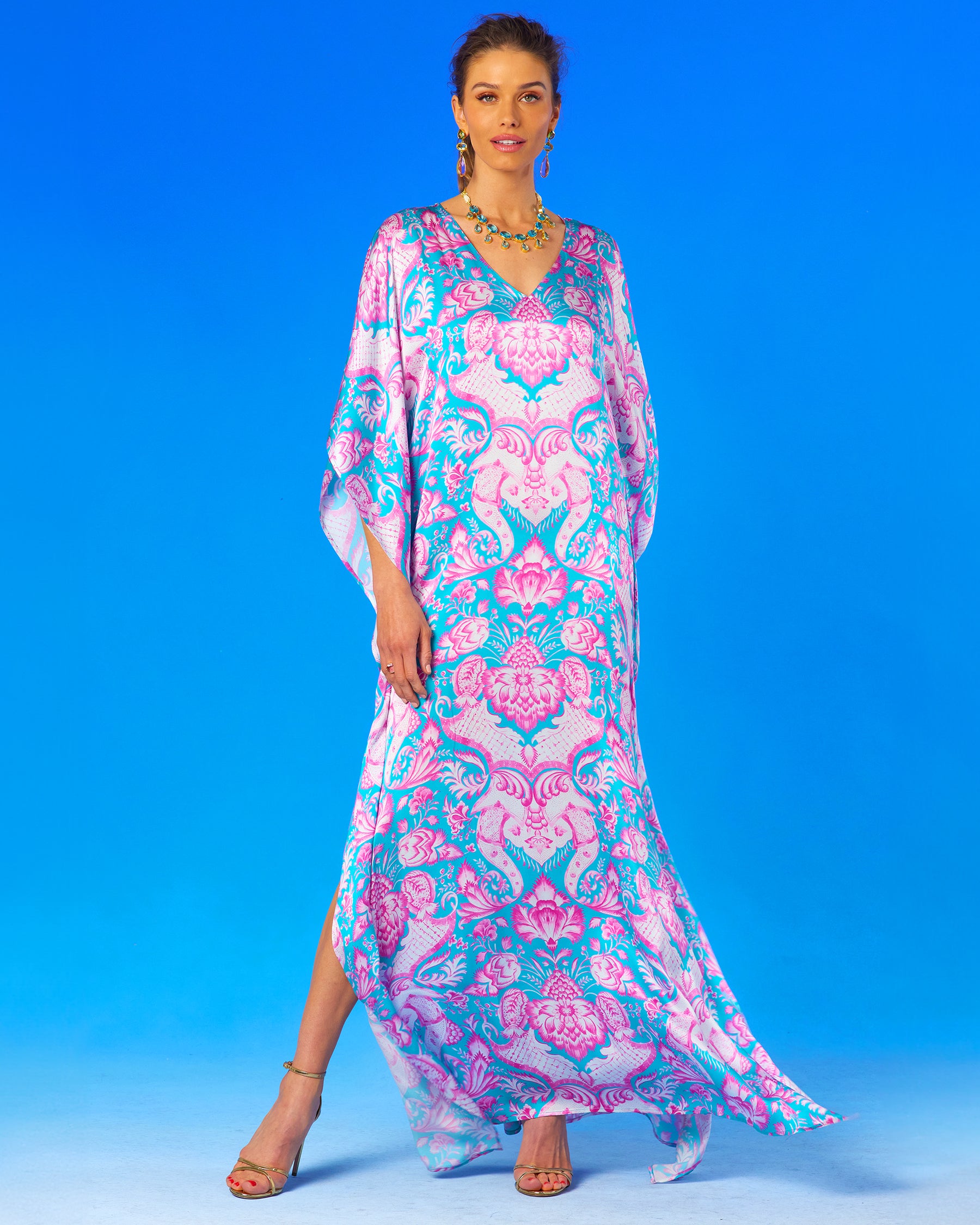 Shalimar Silk Kaftan in Pink and Blue-Full frontal view with leg showing the side slit
