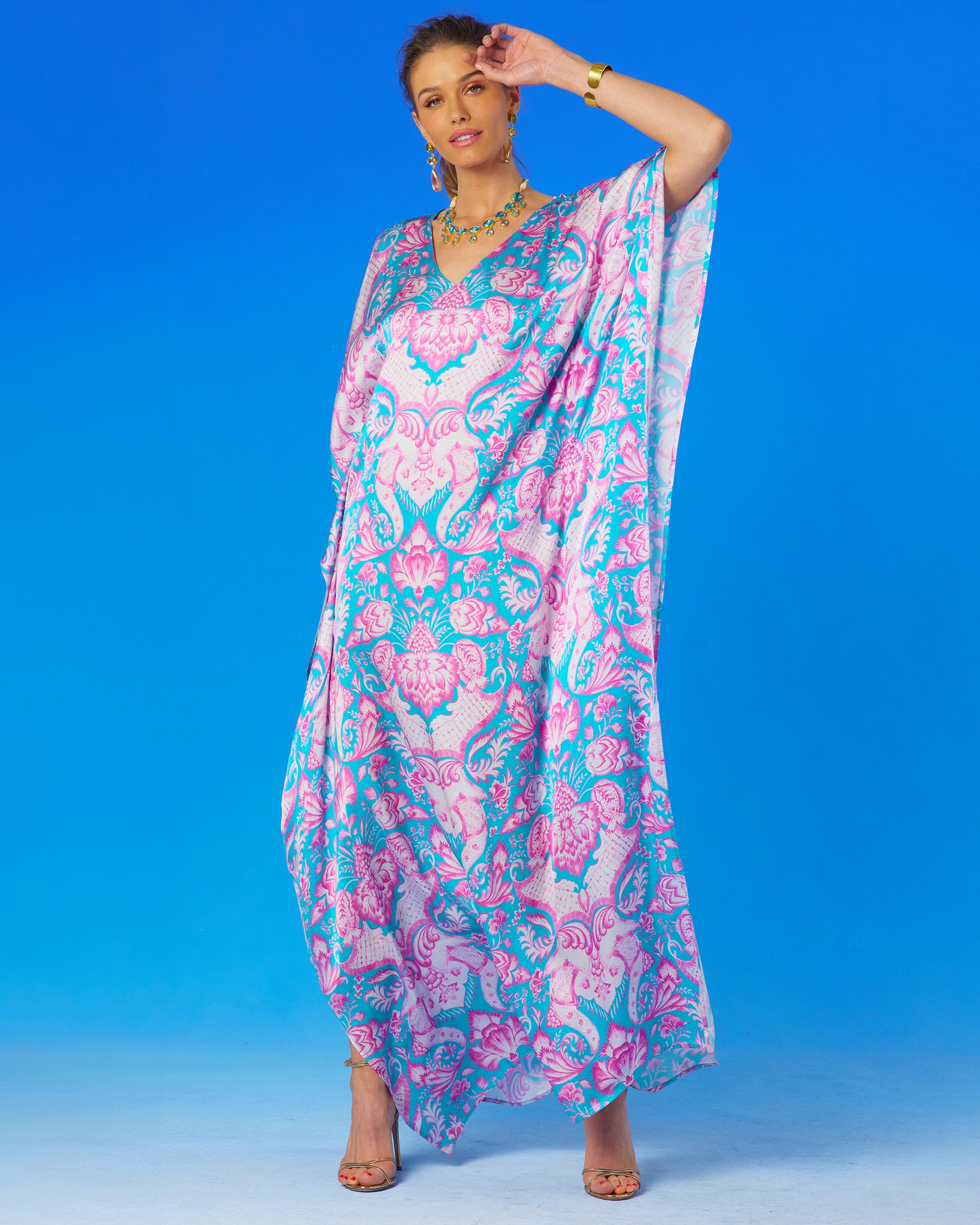 Shalimar Silk Kaftan in Pink and Blue-with arm held up