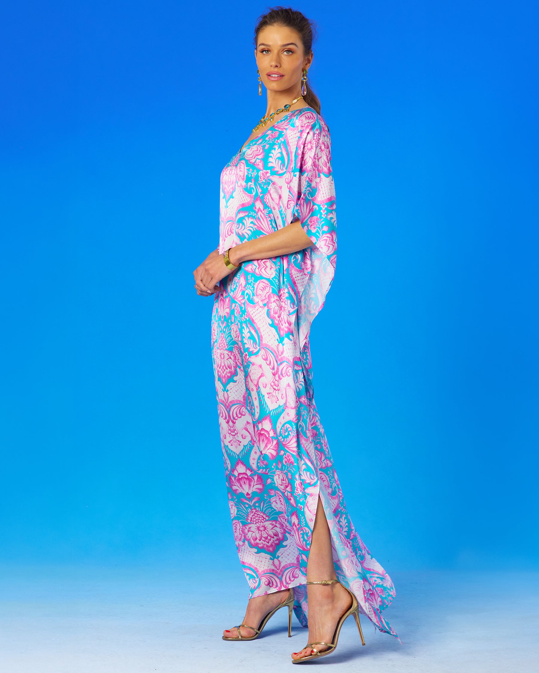 Shalimar Silk Kaftan in Pink and Blue-side view