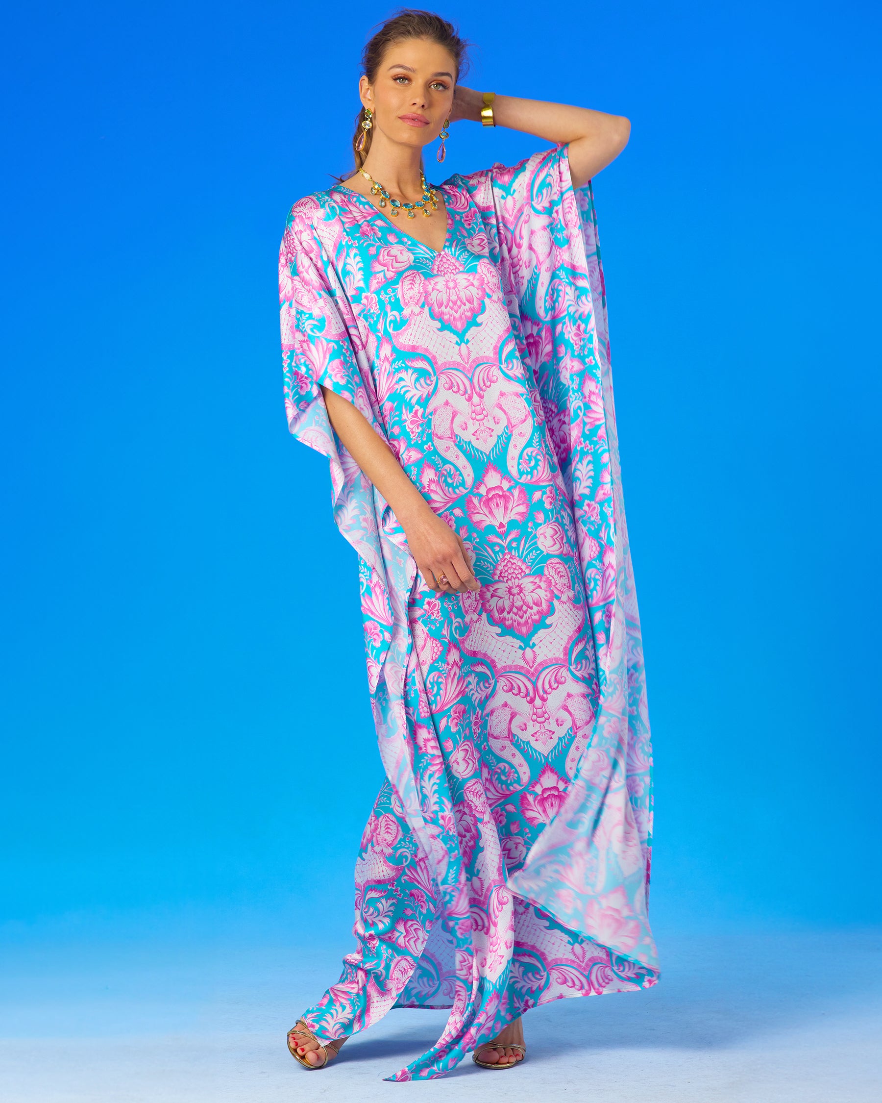 Shalimar Silk Kaftan in Pink and Blue-full frontal view with arm held up