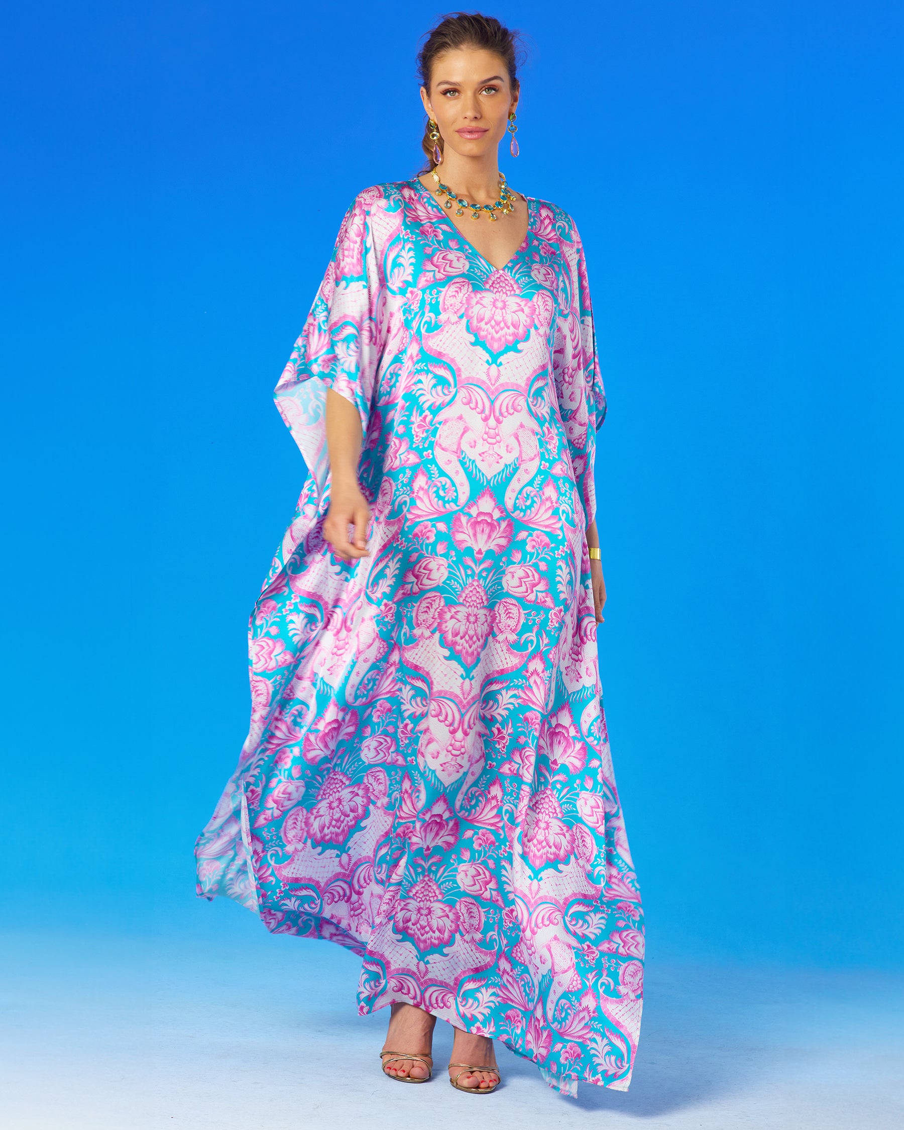 Shalimar Silk Kaftan in Pink and Blue-Full frontal view walking
