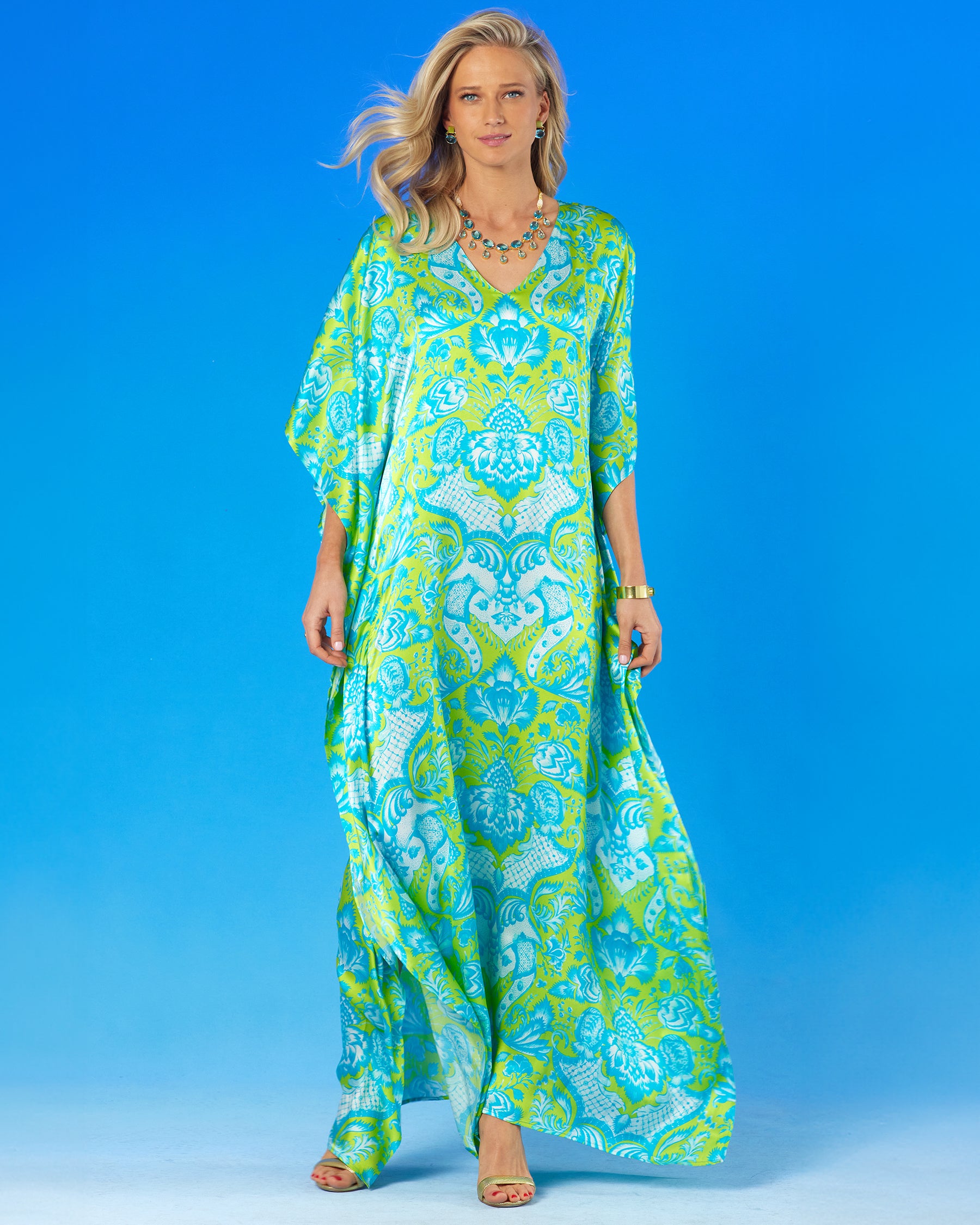 Shalimar Silk Kaftan in Turquoise and Lime-full frontal viewShalimar Silk Kaftan in Turquoise and Lime-Full frontal view