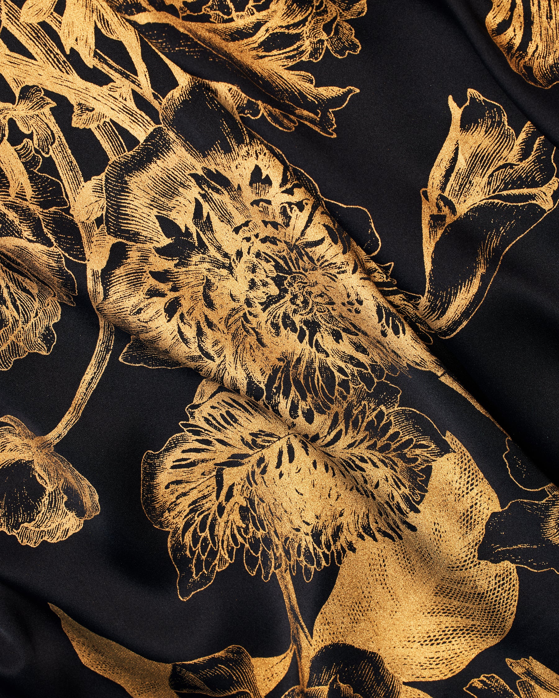 Shireen Black Silk Kaftan in Gold Floral Toile-Detail of Gold Foil