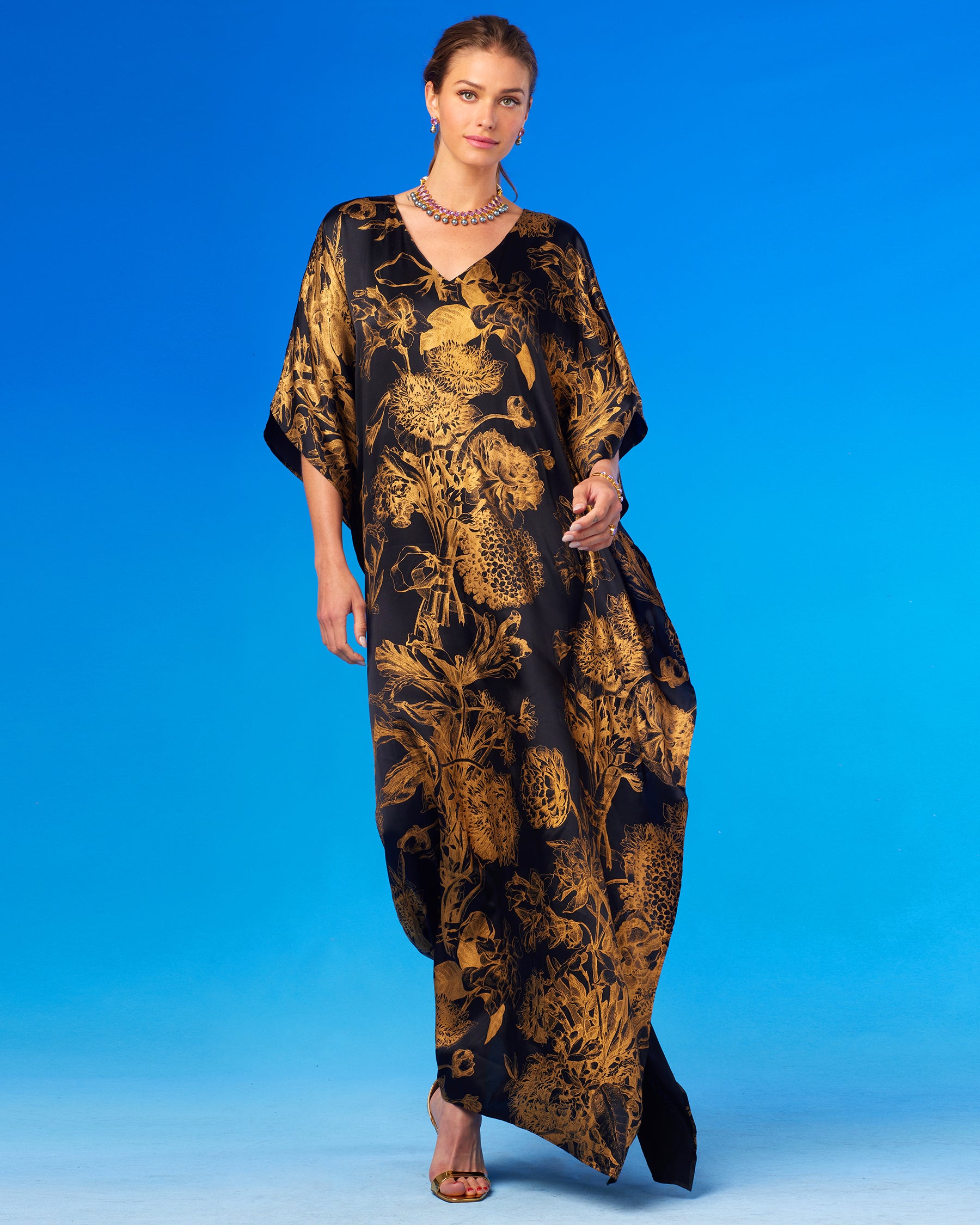 Shireen Black Silk Kaftan in Bronze Gold Floral Toile-Front View