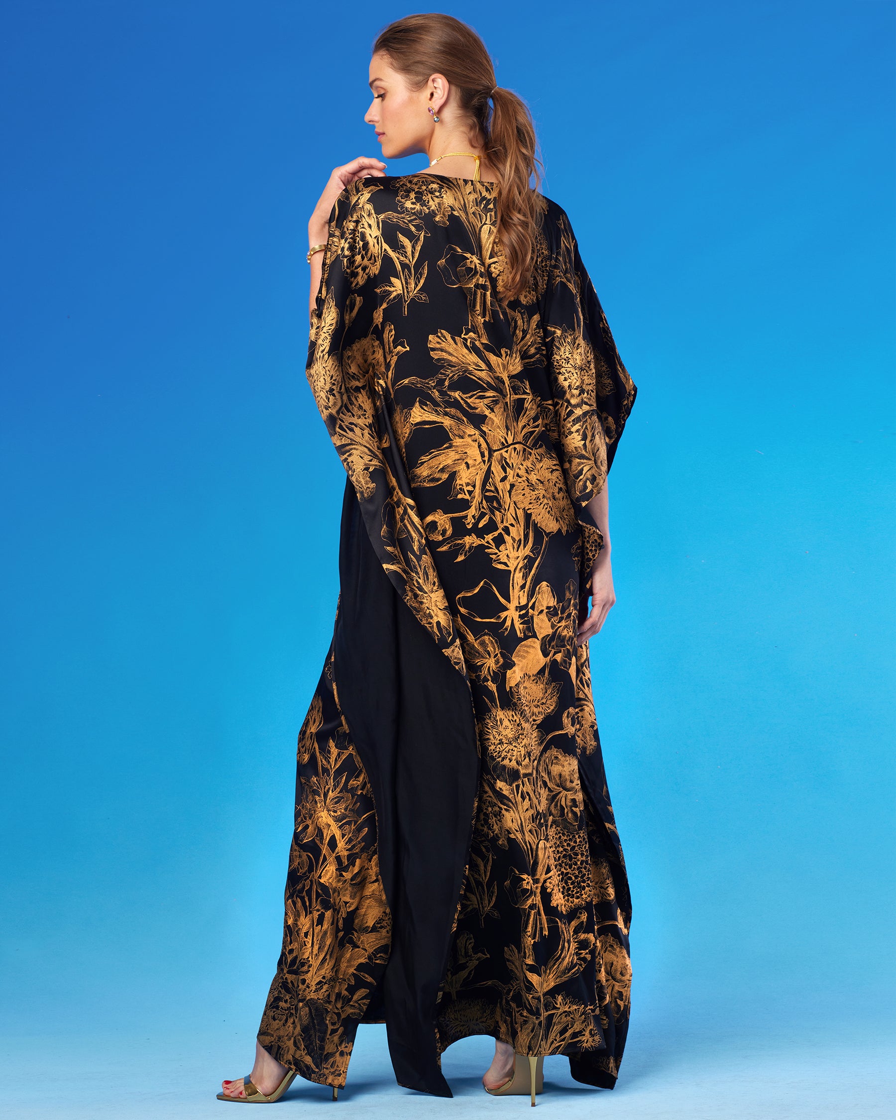 Shireen Black Silk Kaftan in Gold Floral Toile-Back View