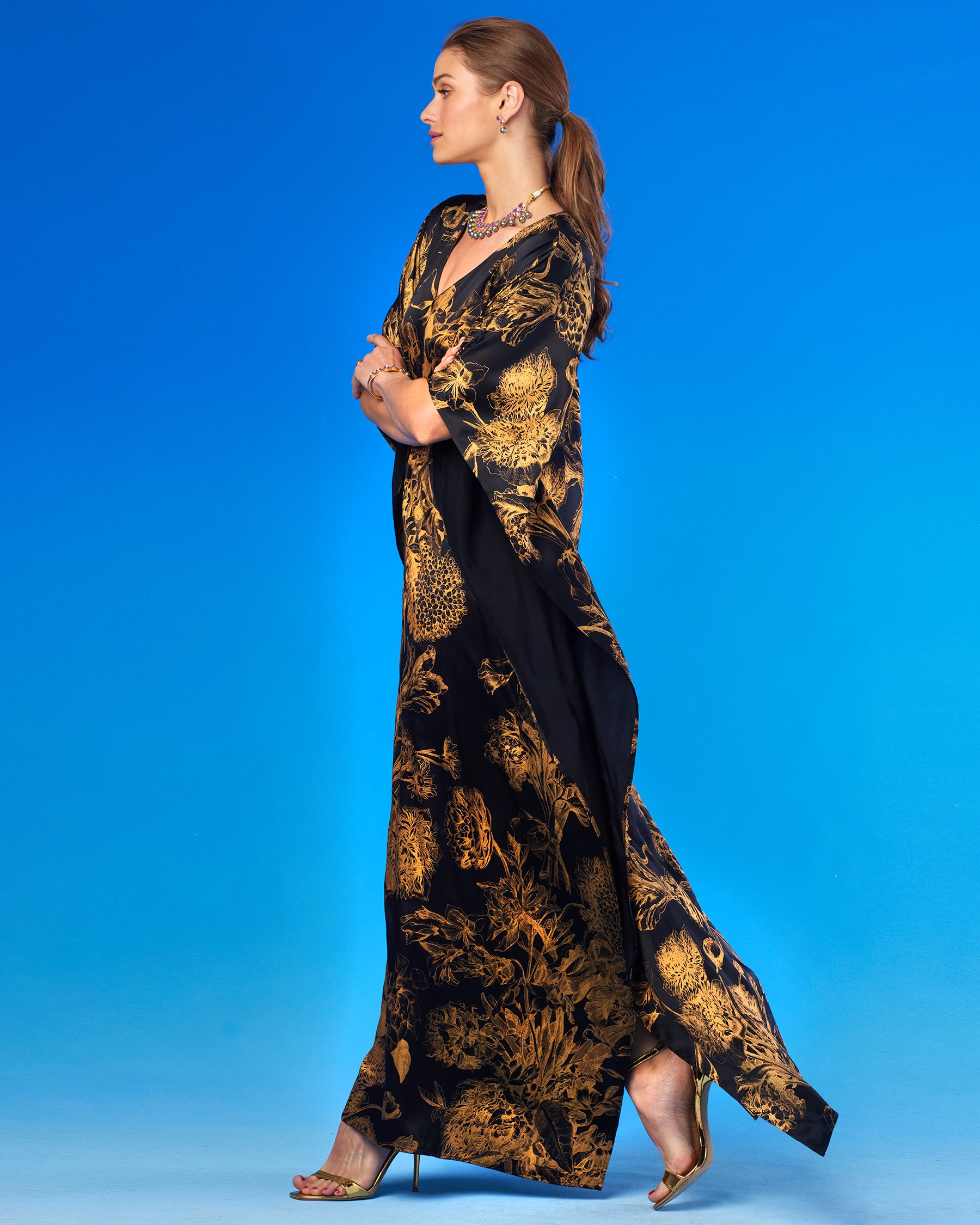 Shireen Black Silk Kaftan in Gold Floral Toile-Side View