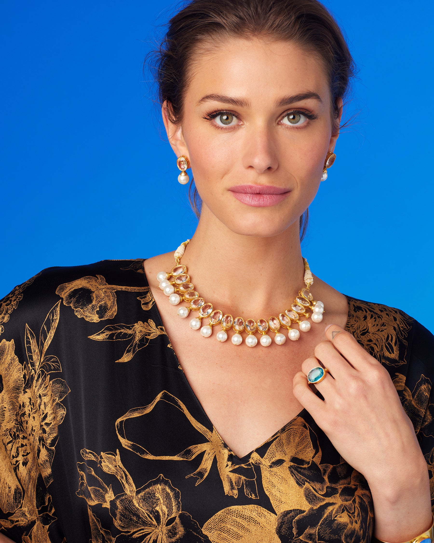 Shireen Black Silk Kaftan in Gold Floral Toile-Wearing the Gia Clear Crystal Earrings and Necklace