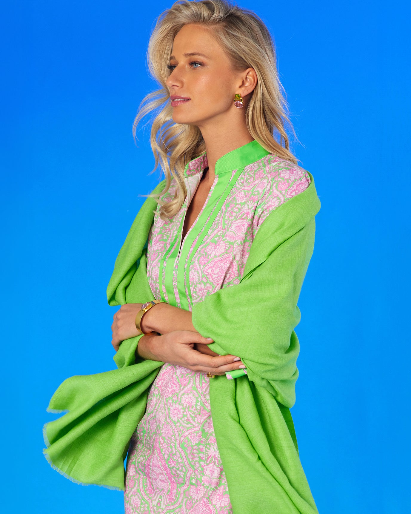 Josephine Pashmina Shawl in Lime worn with the Capri Short Tunic Dress in Pink and Mint Julep Green Paisley