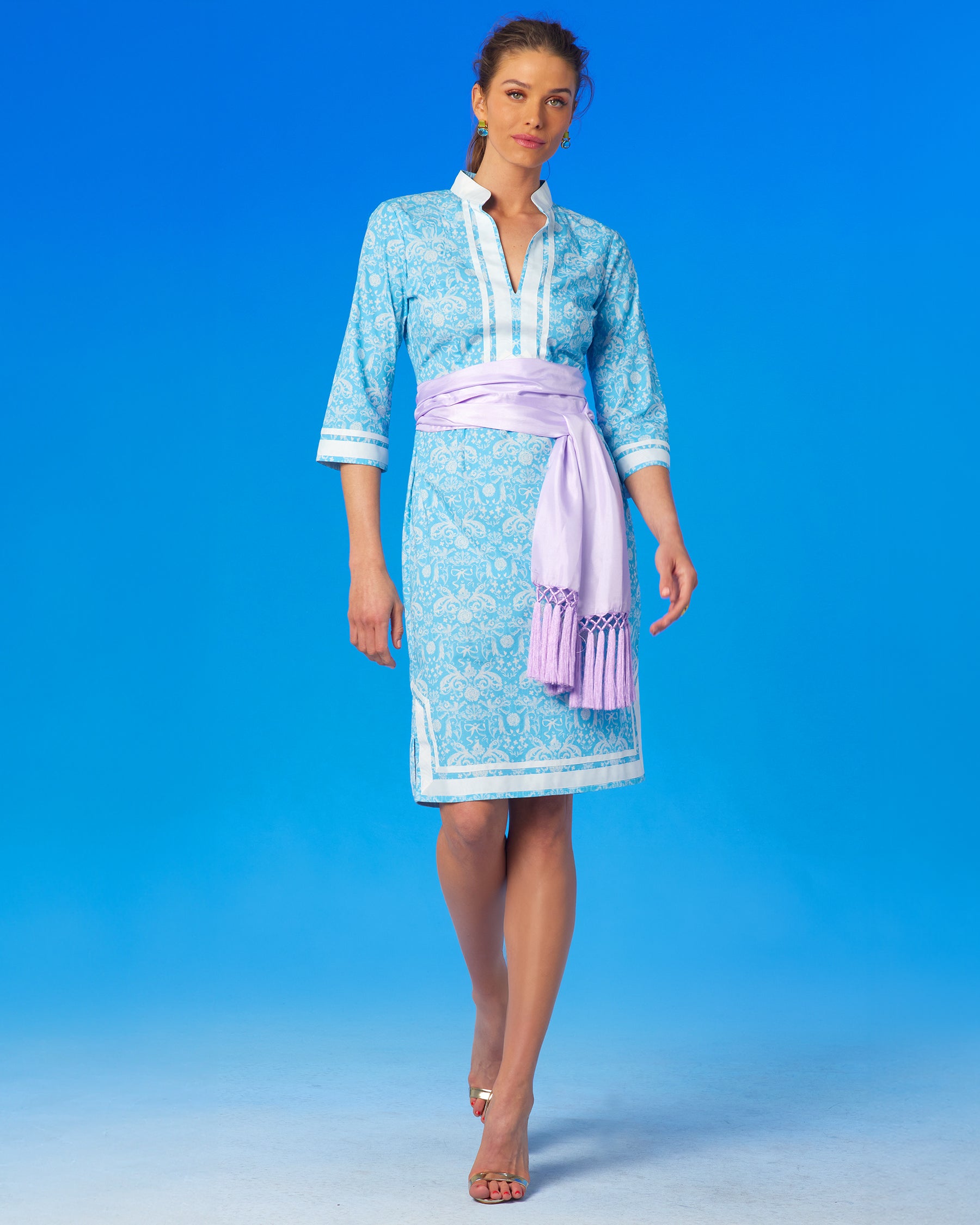 Capri Short Tunic Dress in Regency Porcelain Ribbons worn with the Cosima Sash Belt in Sunset Lavender-Walking forward