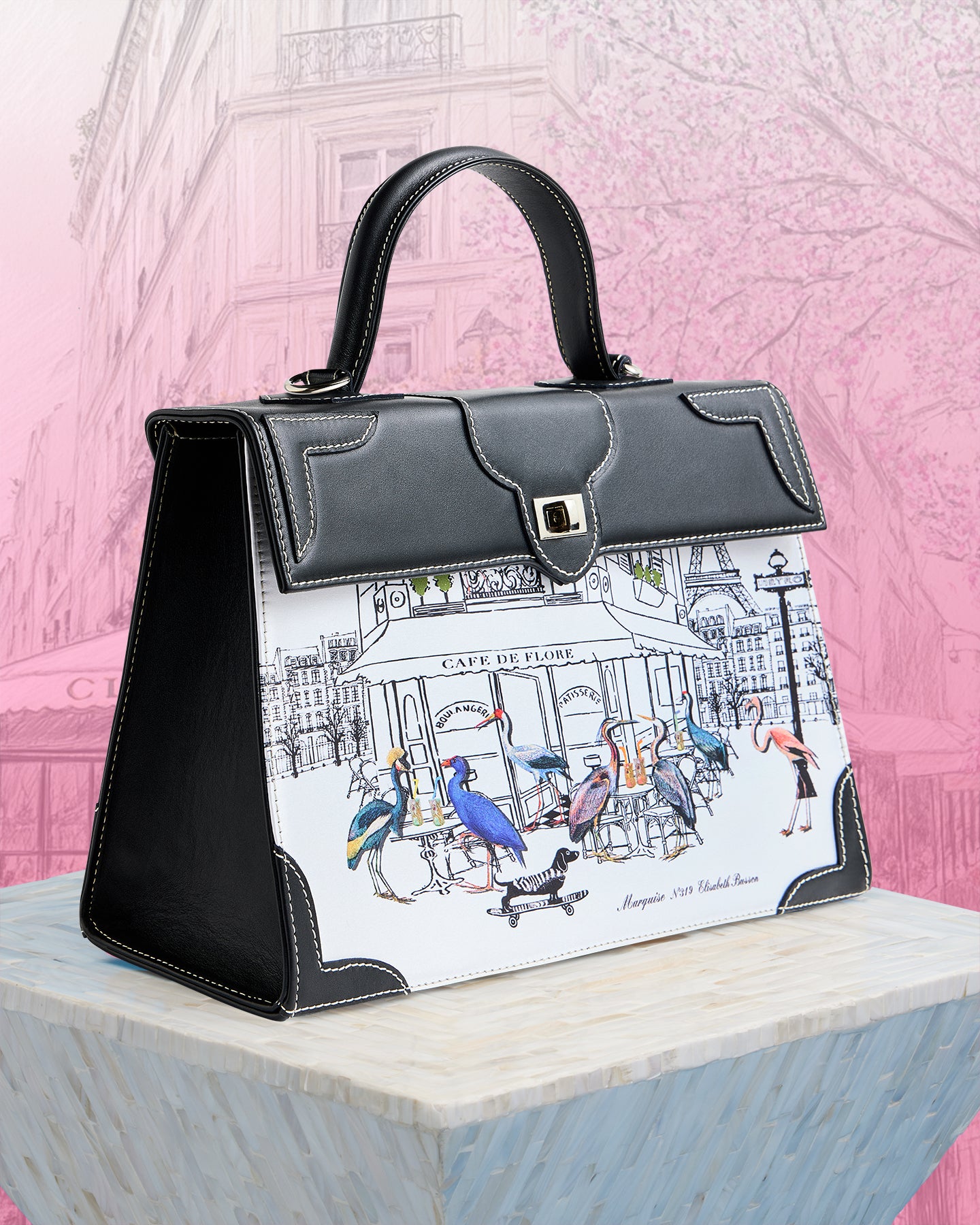 Side view of the Marquise Paris Café de Flore Top Handle Shoulder Bag