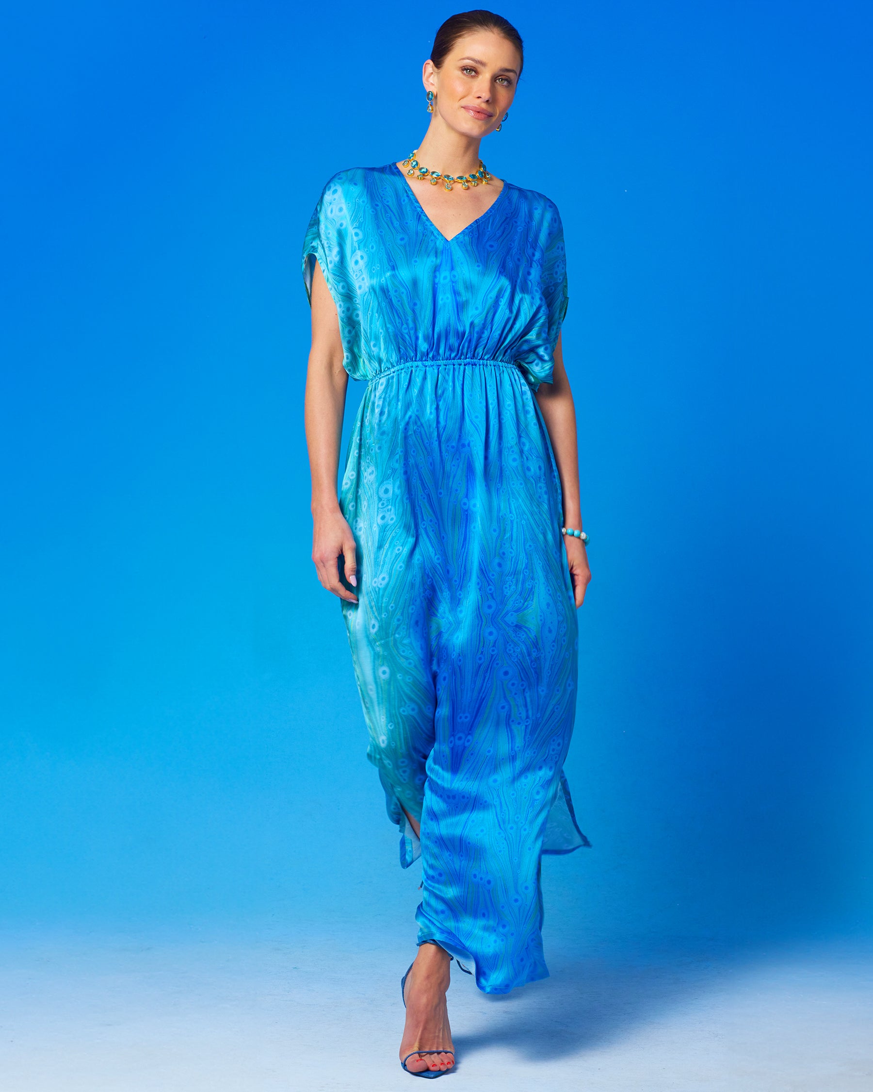 Calliope Long Silk Dress in Sea Nymph Blues front view walking