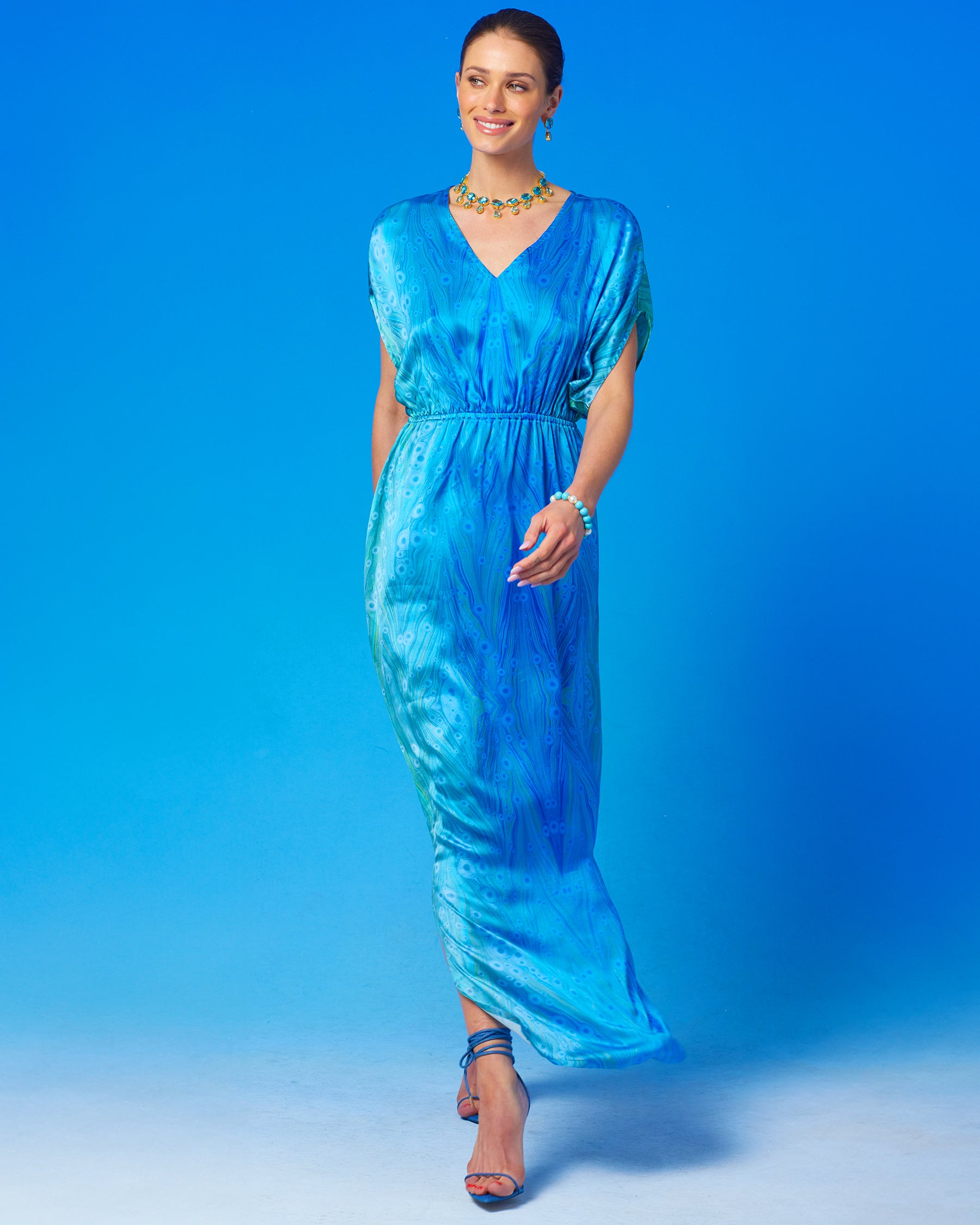 Calliope Long Silk Dress in Sea Nymph Blues front view walking