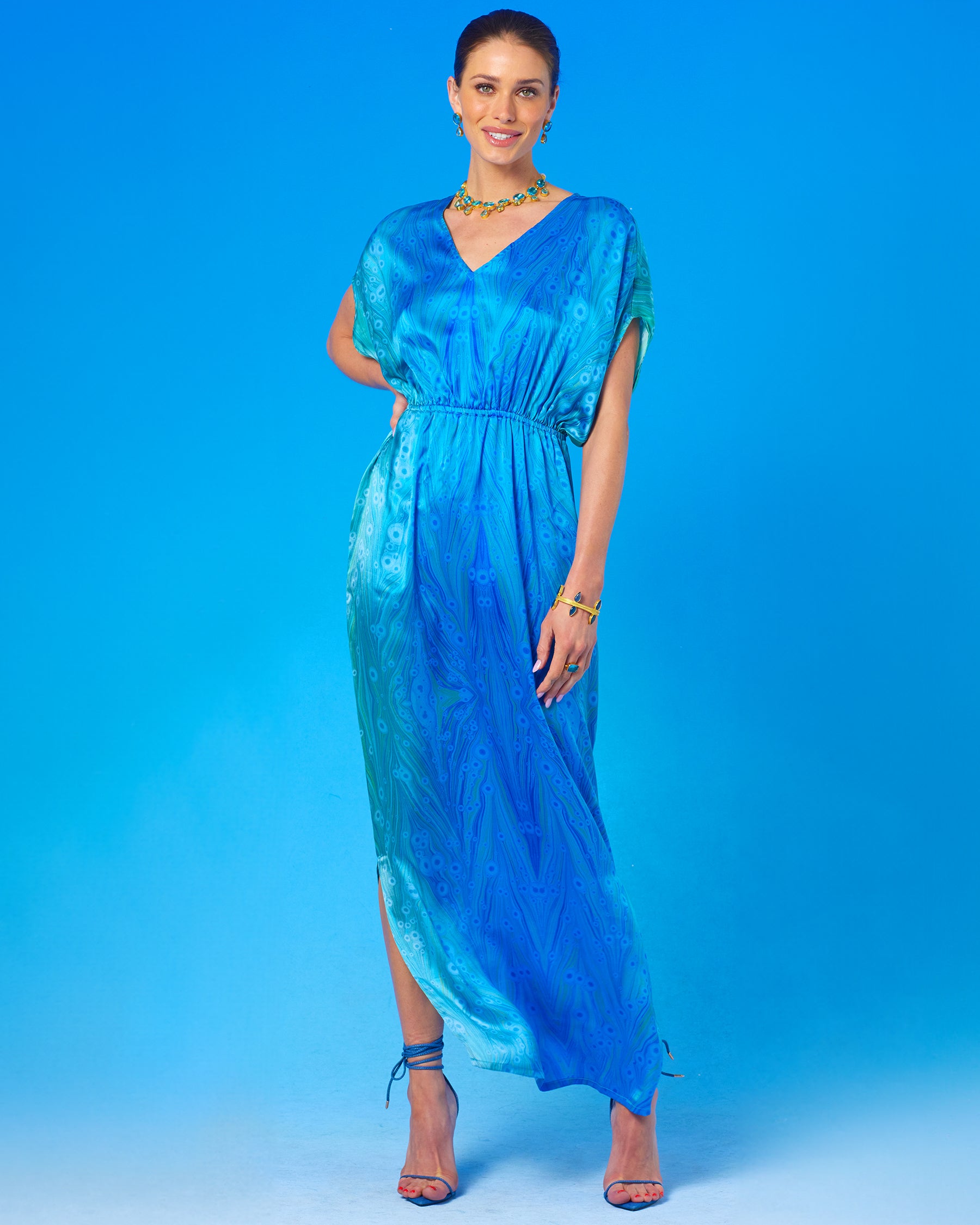 Calliope Long Silk Dress in Sea Nymph Blues front view