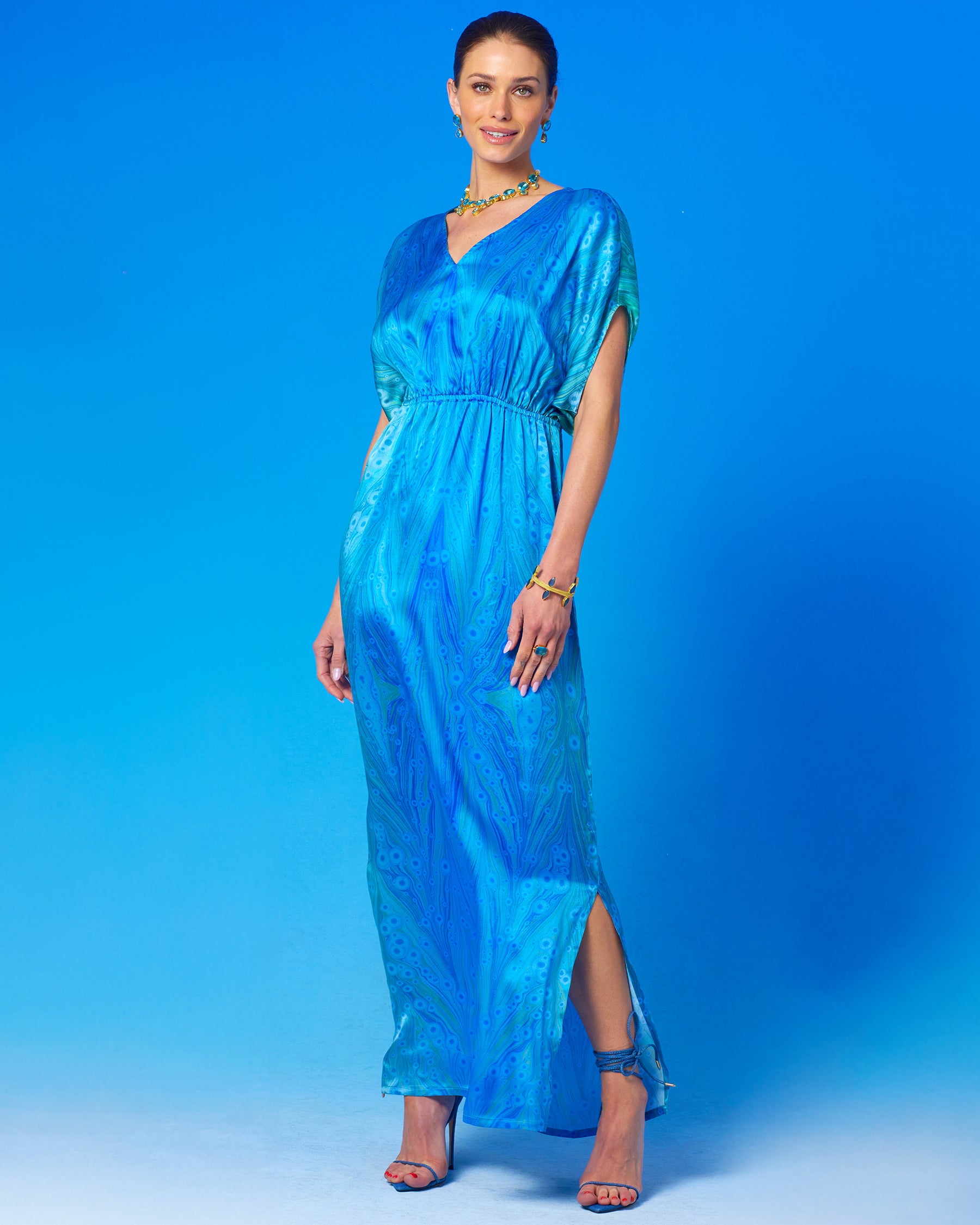 Calliope Long Silk Dress in Sea Nymph Blues front view