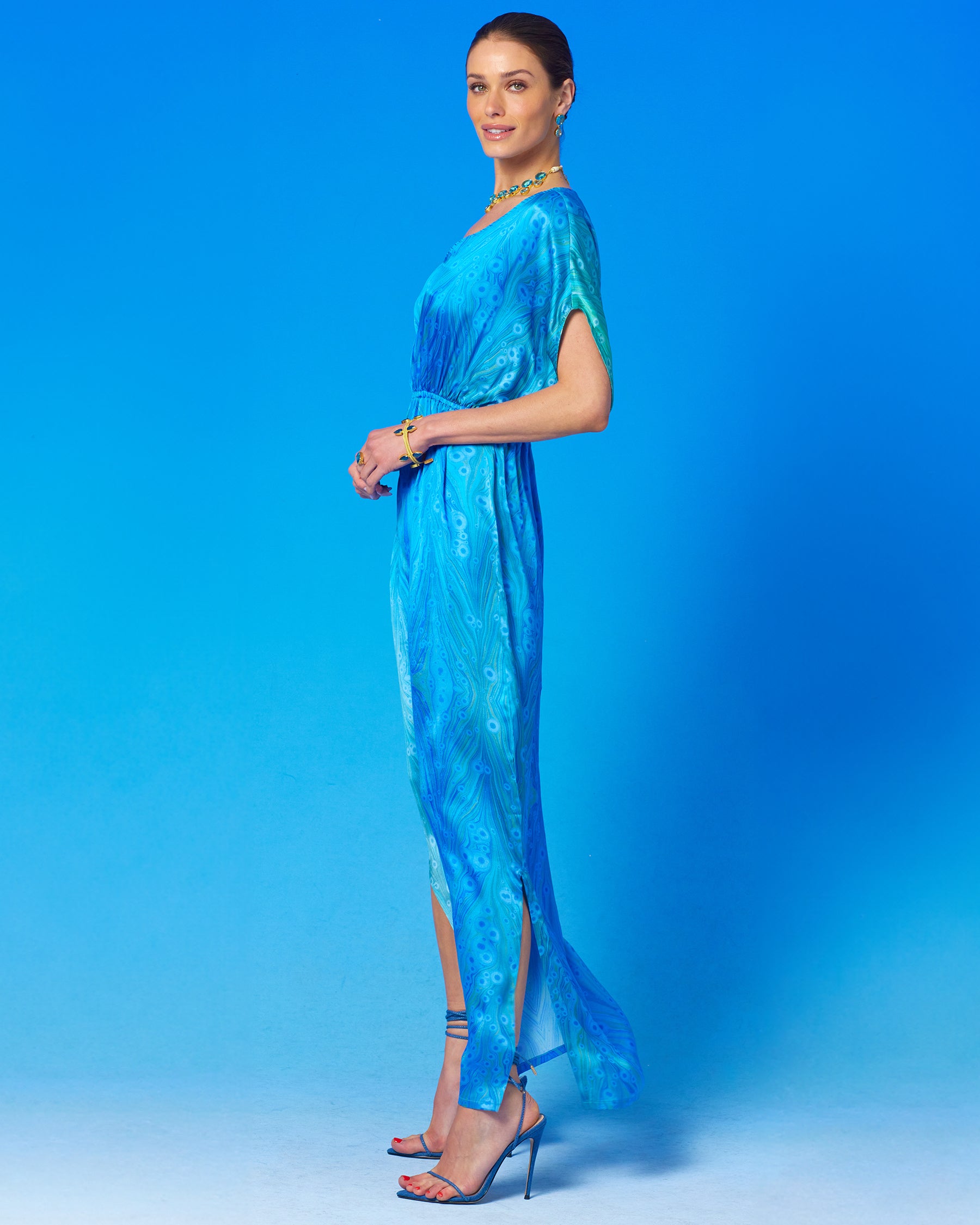 Calliope Long Silk Dress in Sea Nymph Blues-side view