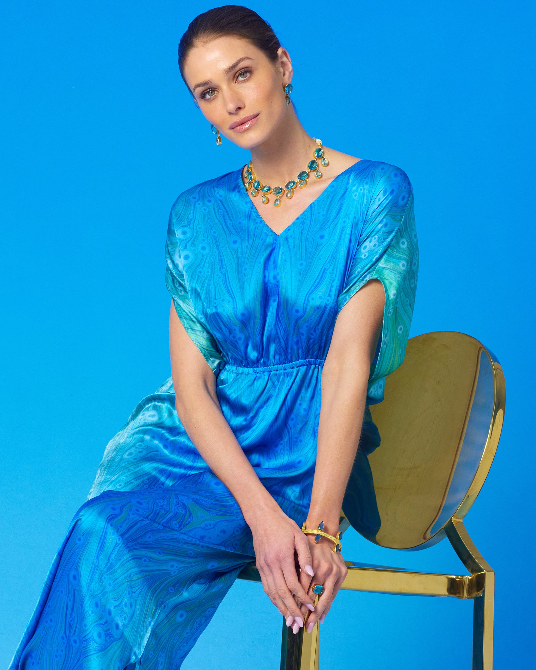 Chiara Dewdrop Necklace in Bermuda Blues worn with the Calliope Long Silk Dress