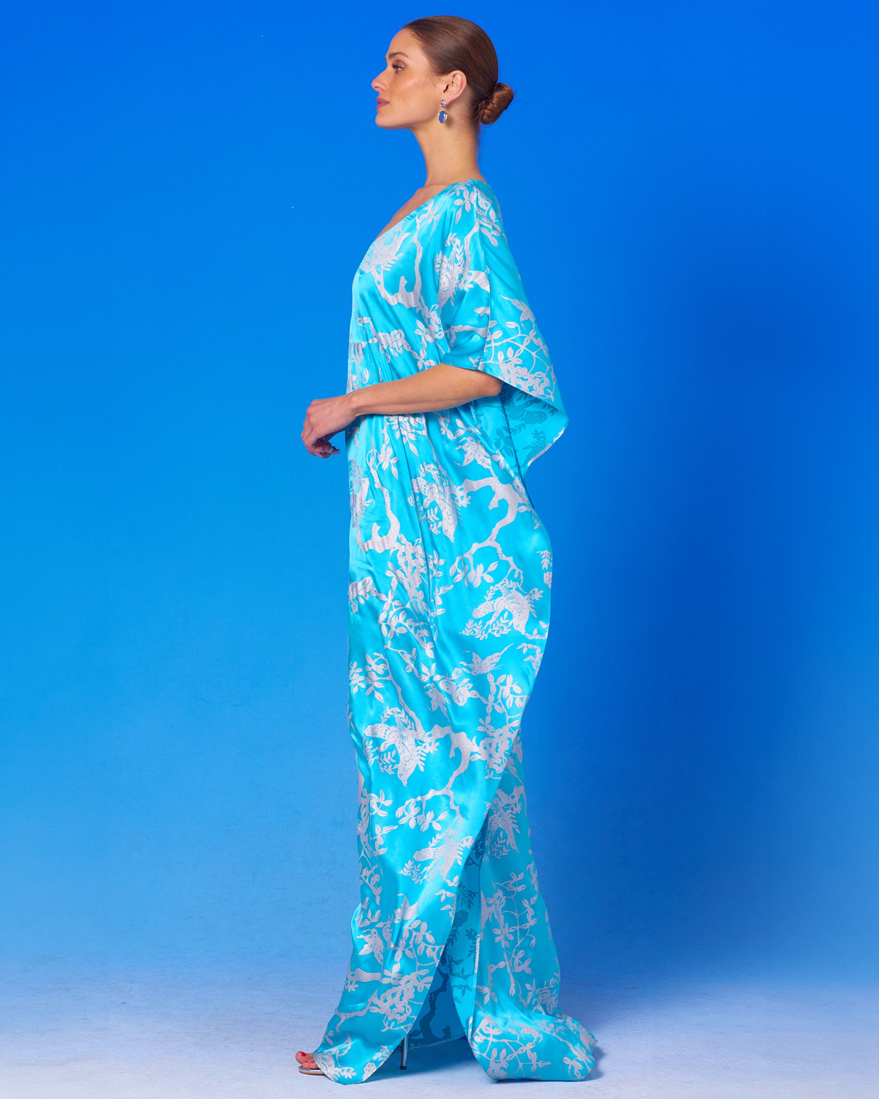 Ava Silk Kaftan in Turquoise and Silver Motif side view