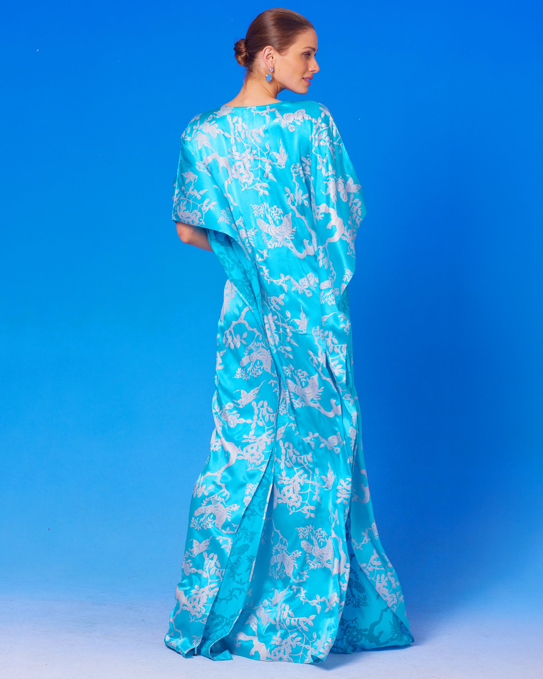 Ava Silk Kaftan in Turquoise and Silver Motif with the Josephine Shawl back view