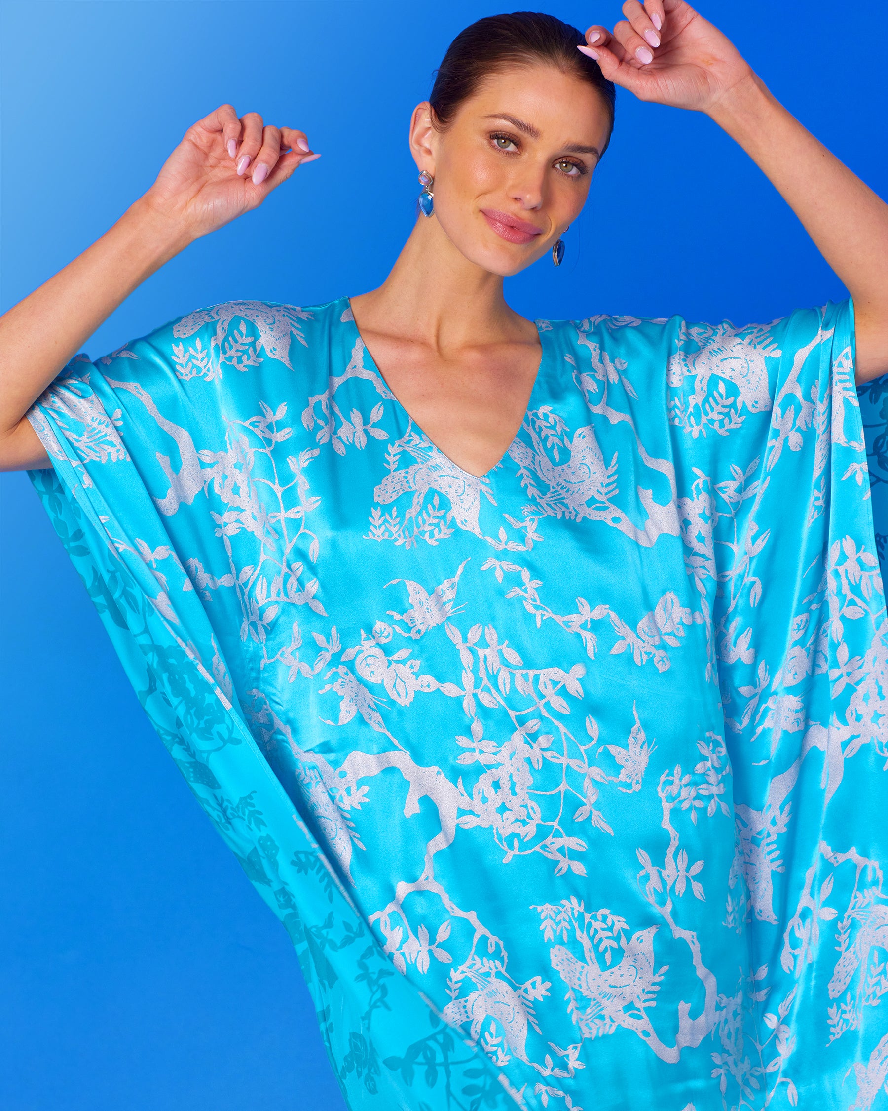 Ava Silk Kaftan in Turquoise and Silver Motif closeup view