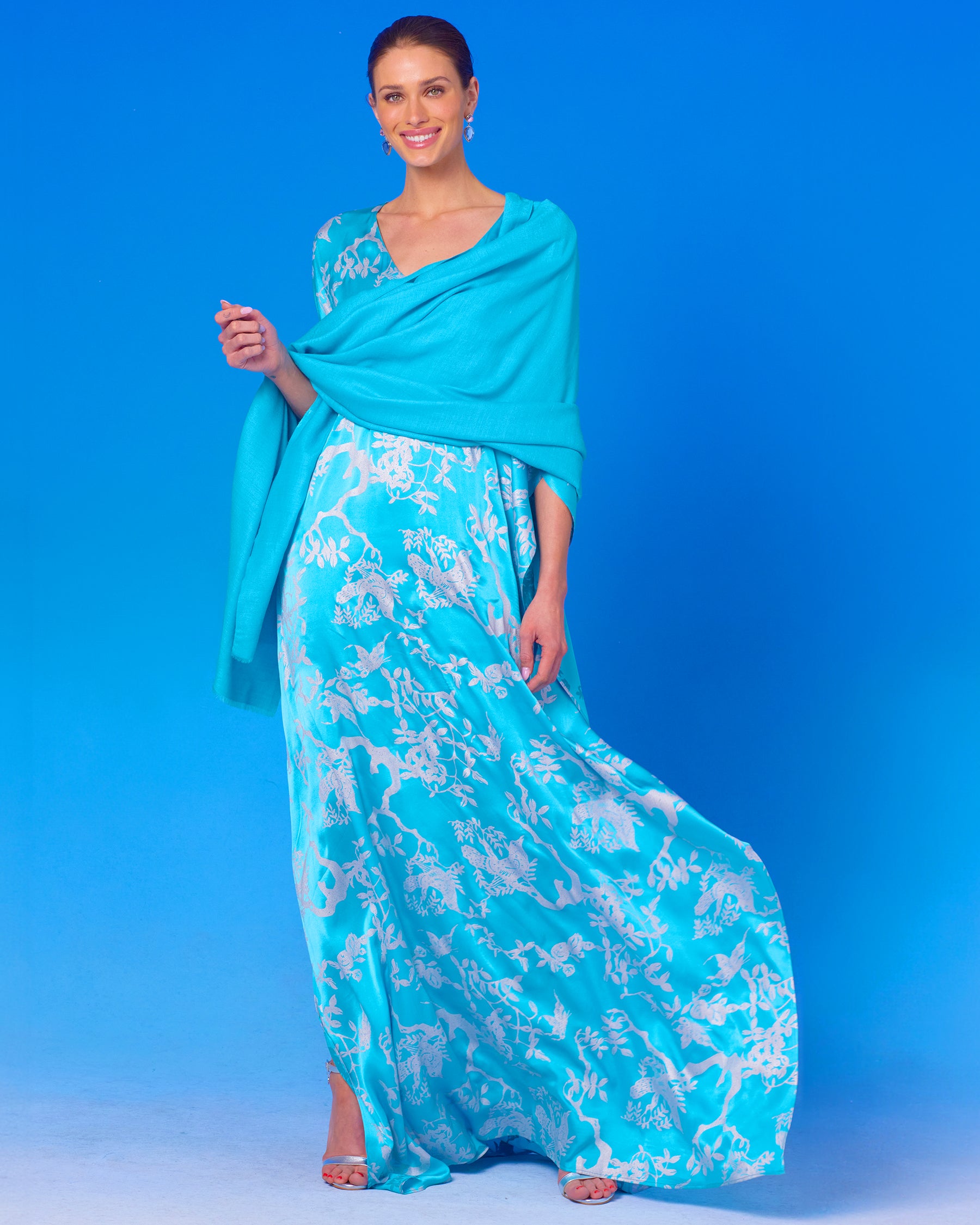 Josephine Pashmina Shawl in Tropical Turquoise worn with the Ava Silk Kaftan in Turquoise and Silver
