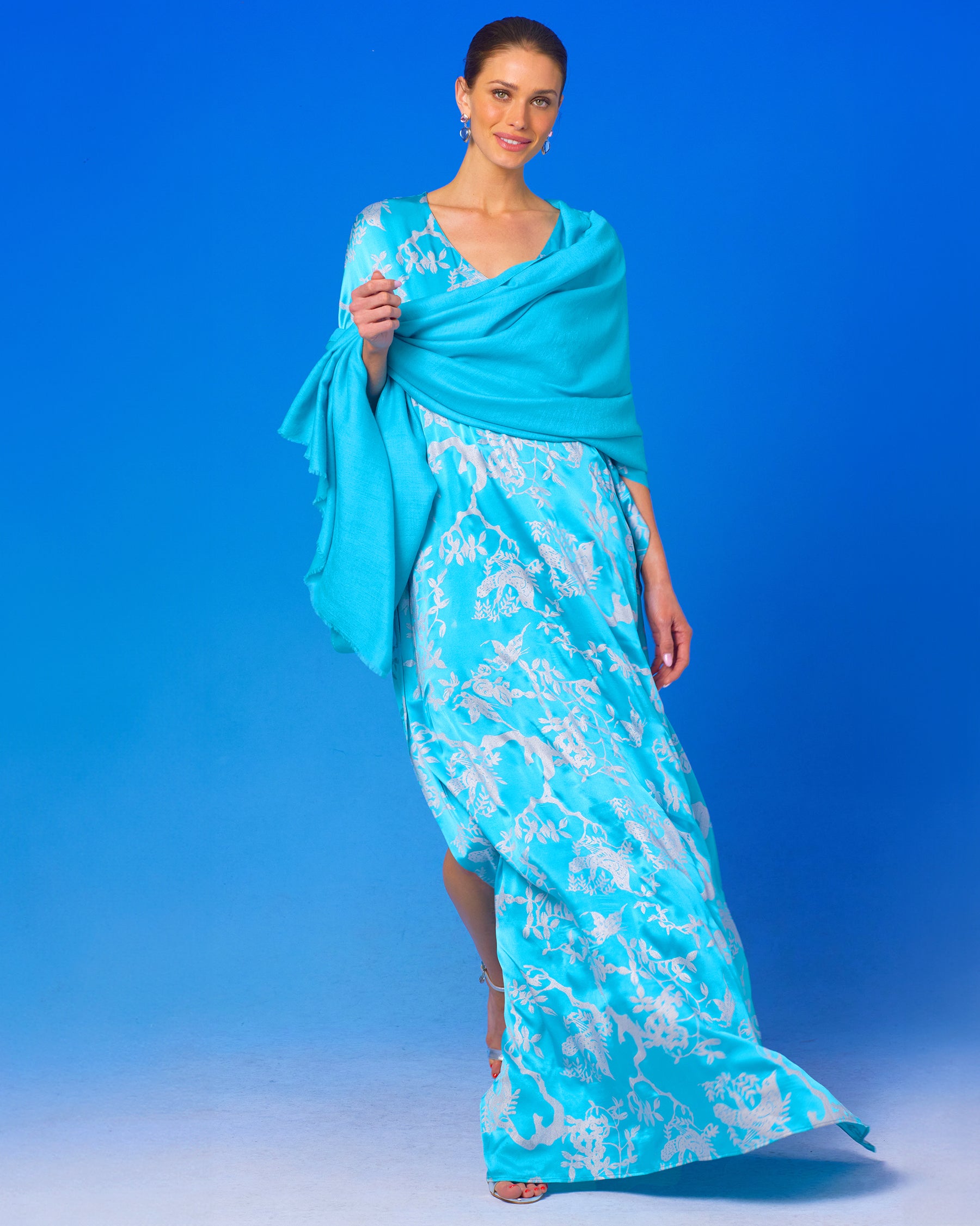 Ava Silk Kaftan in Turquoise and Silver Motif with Josephine Pashmina Shawl