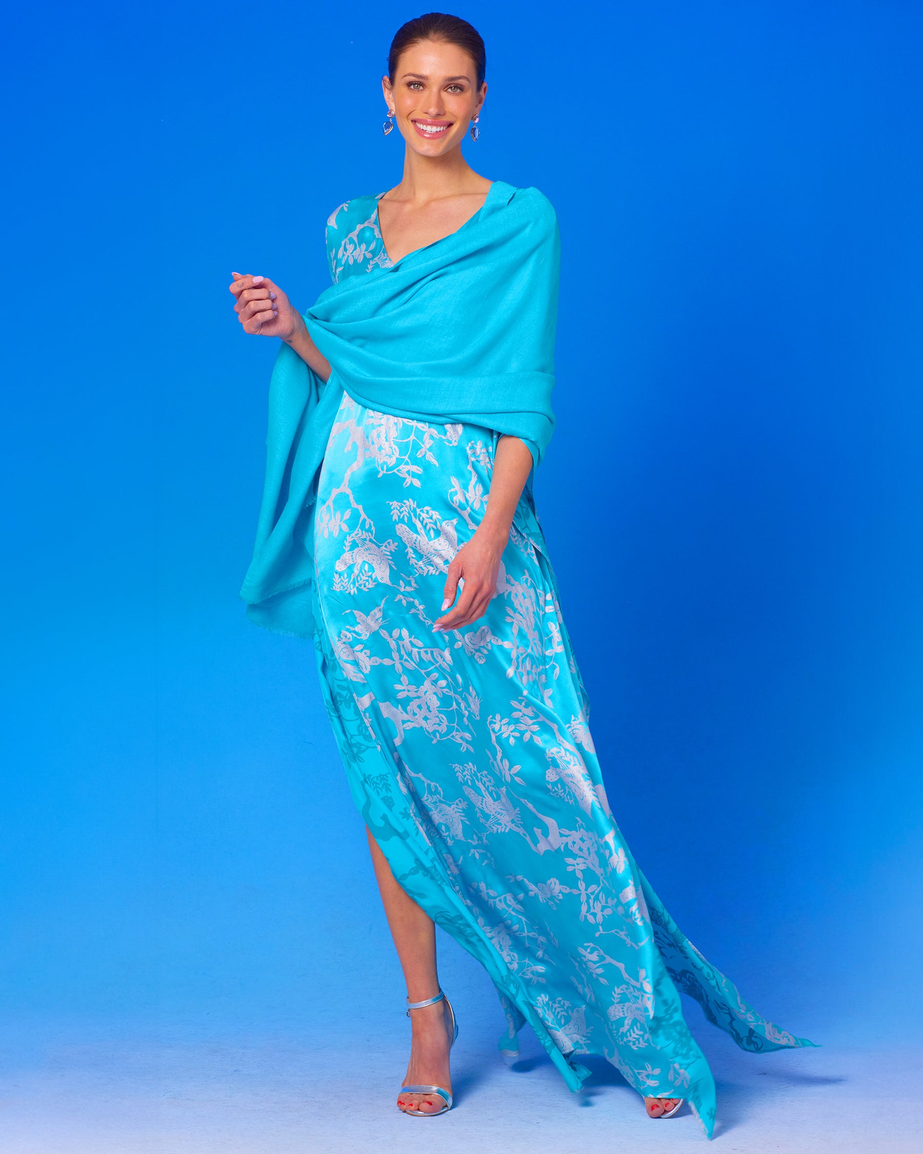 Ava Silk Kaftan in Turquoise and Silver Motif with the Josephine Shawl