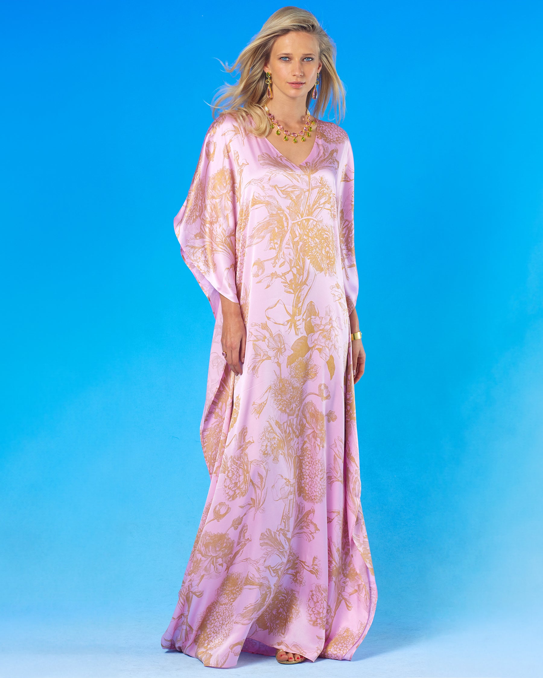 Rosalie Blush Pink Silk Kaftan in Gold Floral Toile-Full length view