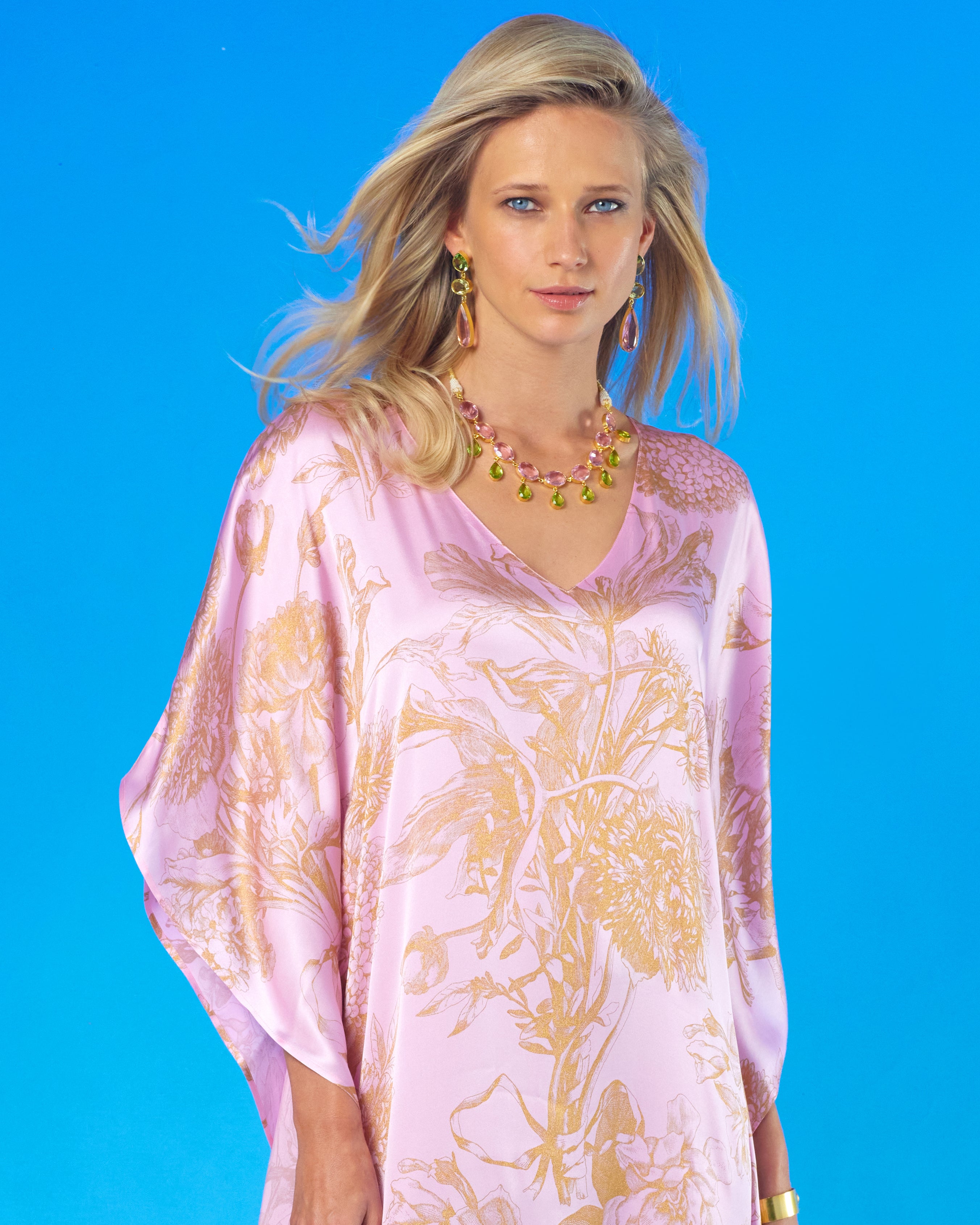 Rosalie Blush Pink Silk Kaftan in Gold Floral Toile-Close view
