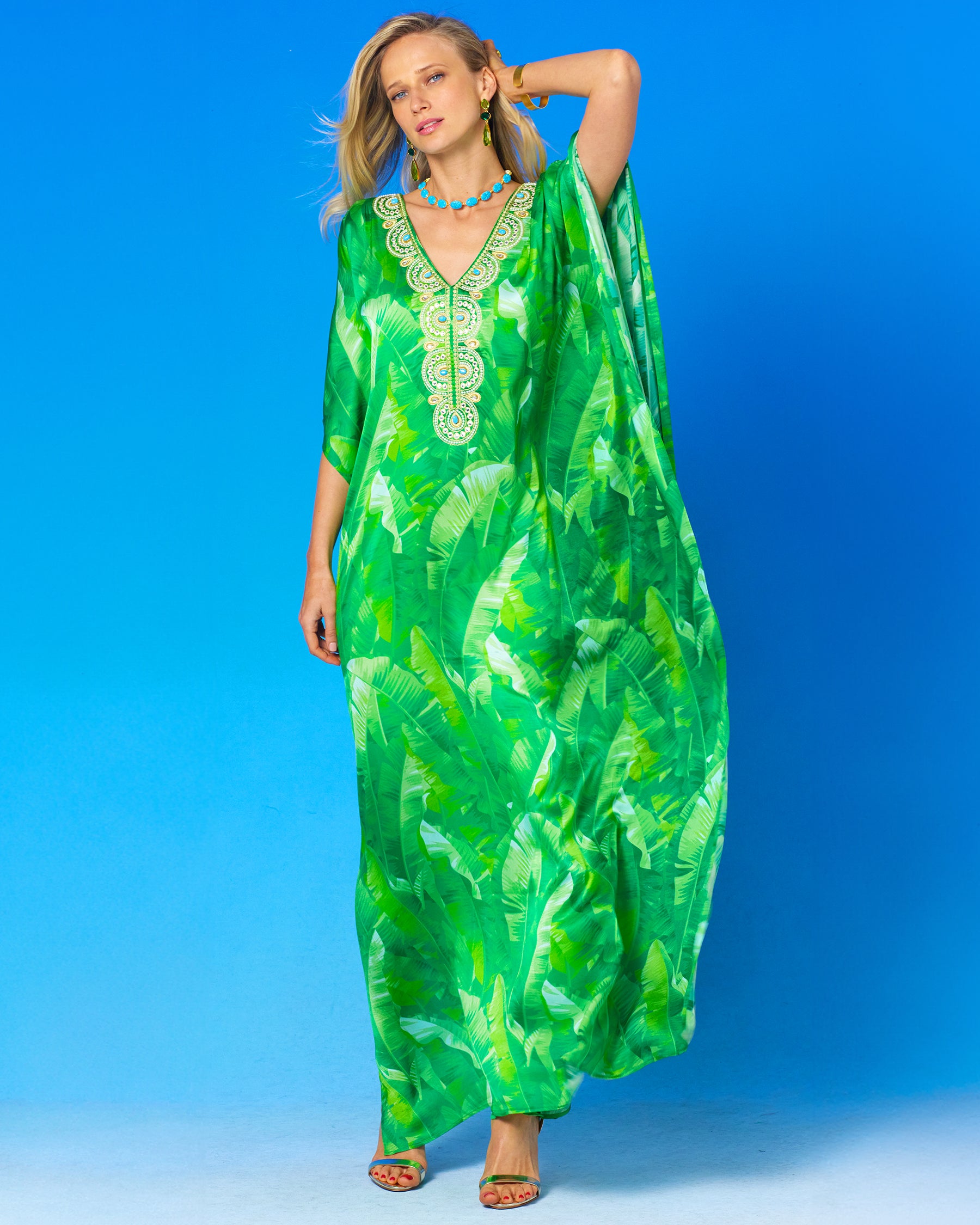 Schuyler Silk Kaftan in Palms and Gold Embellishment-Front full view with arm on head