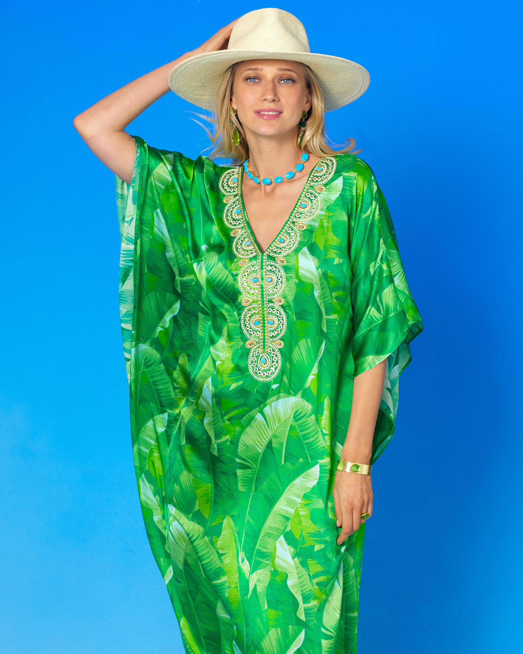 Schuyler Silk Kaftan in Palms and Gold Embellishment-Closeup with Hat