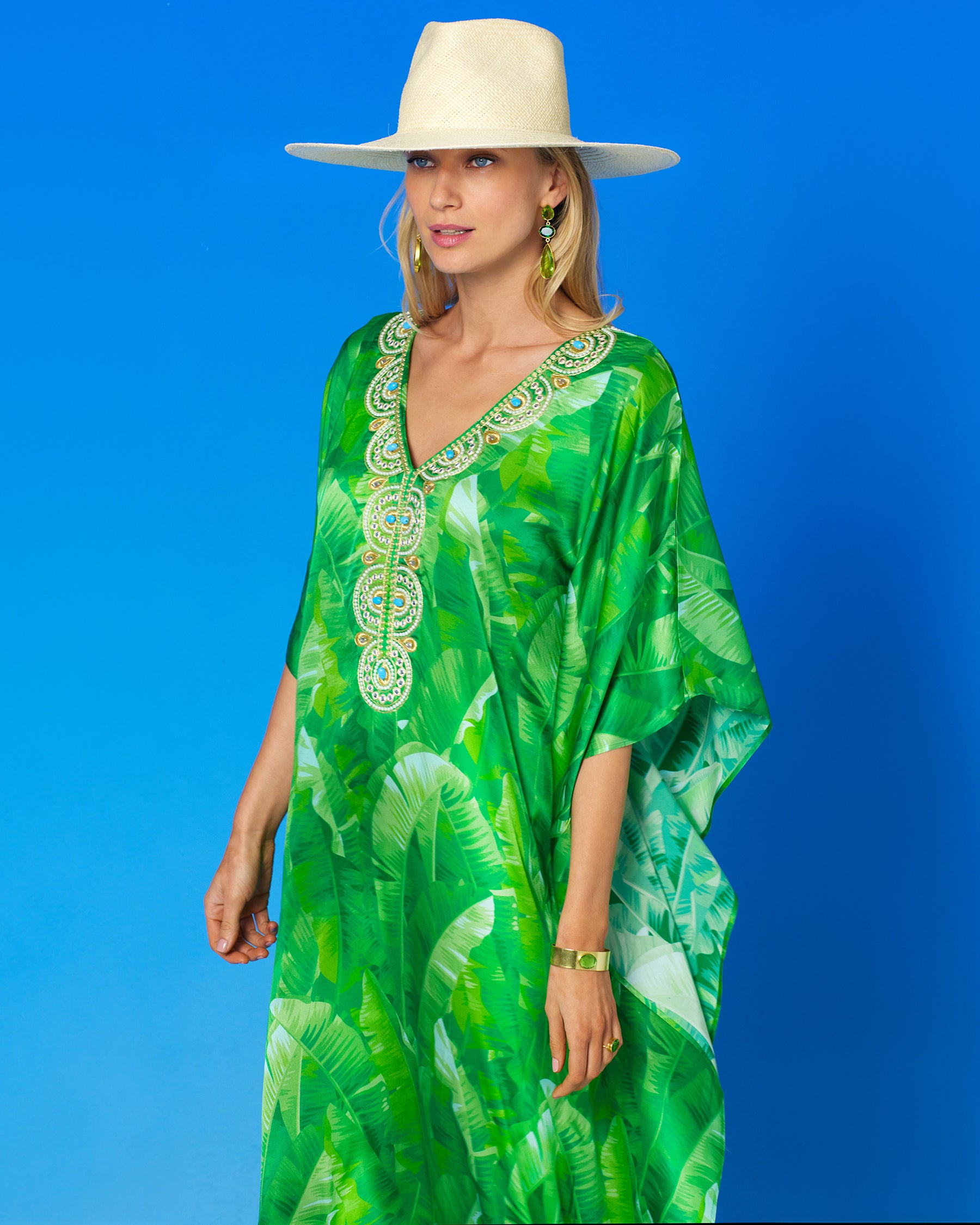 Schuyler Silk Kaftan in Palms and Gold Embellishment-Side view