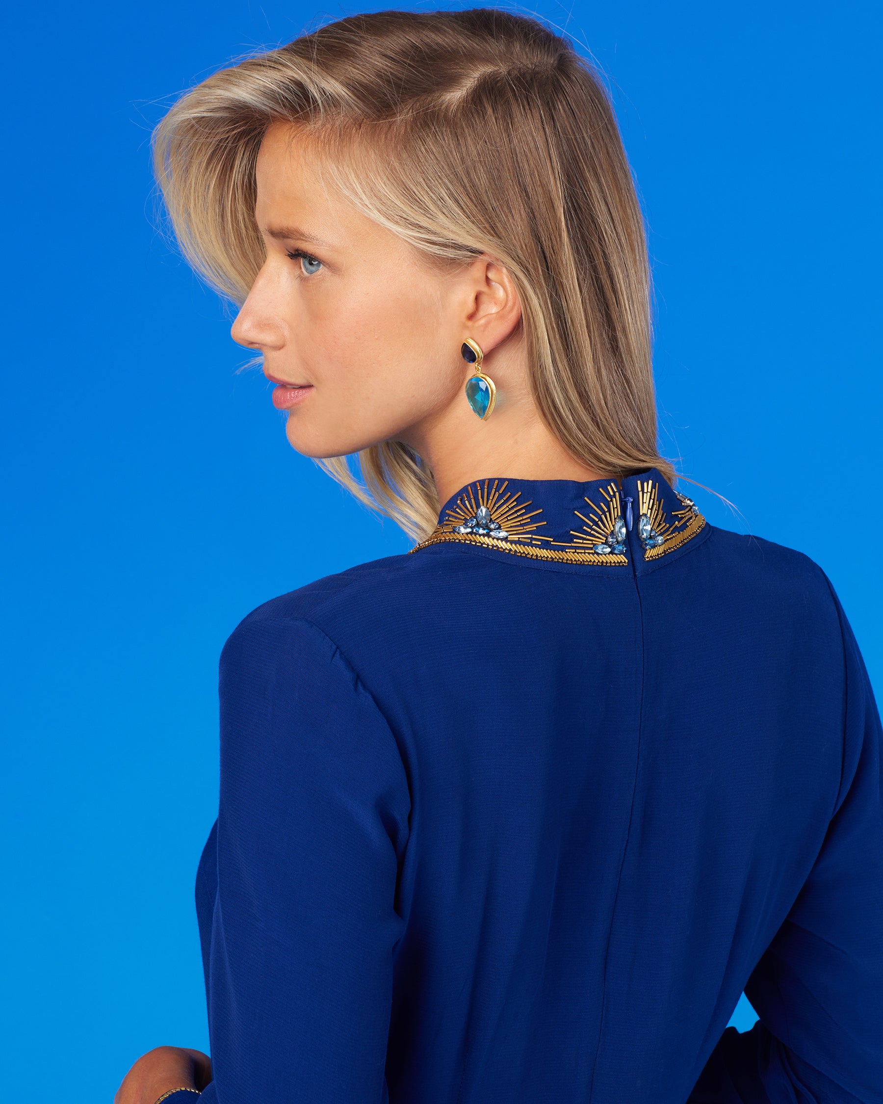 Stella Long Navy Dress with Celestial Jewel Embellishment-Back Detail of Collar Embellishment