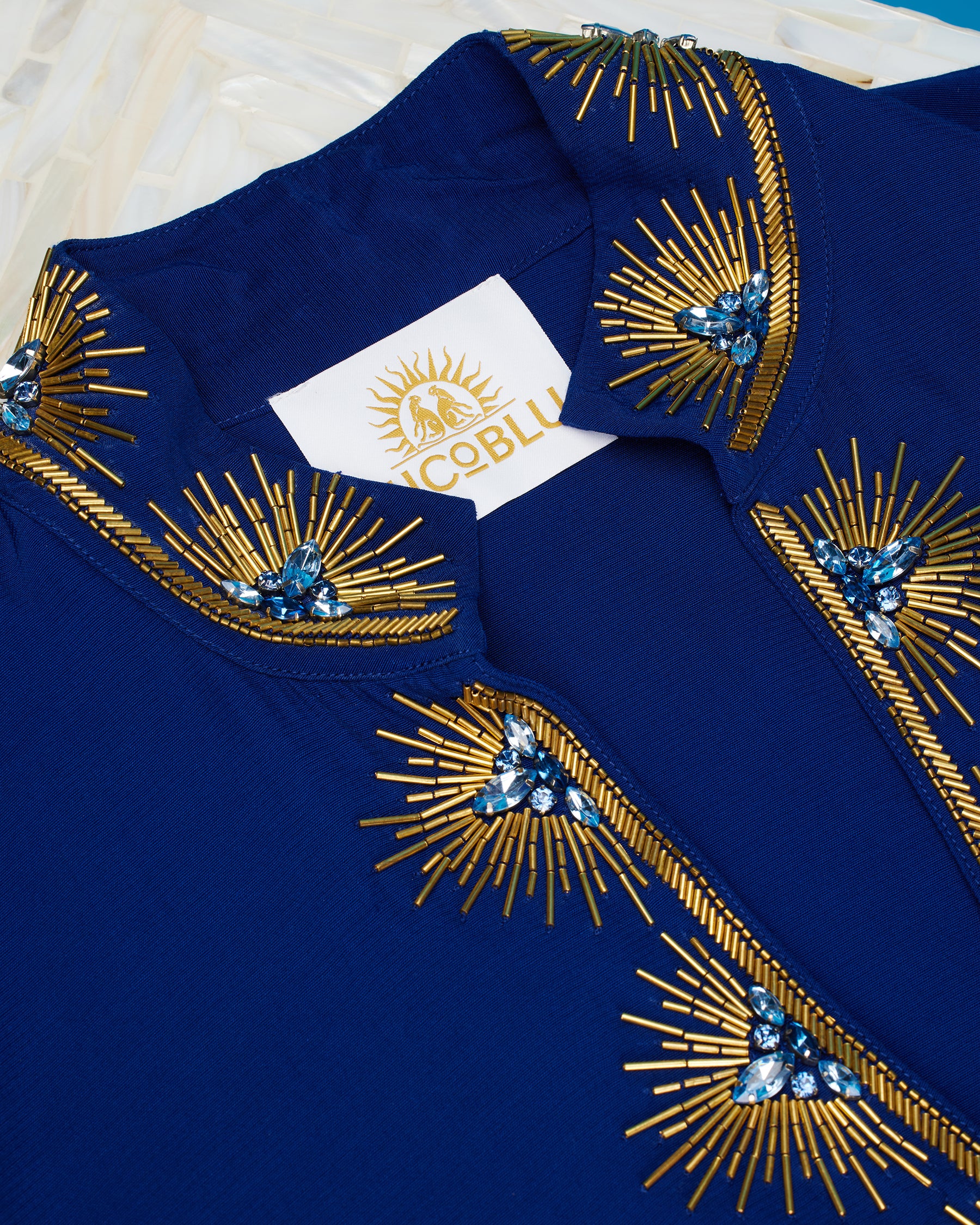 Stella Long Navy Dress with Celestial Jewel Embellishment-Detail of Embellishment