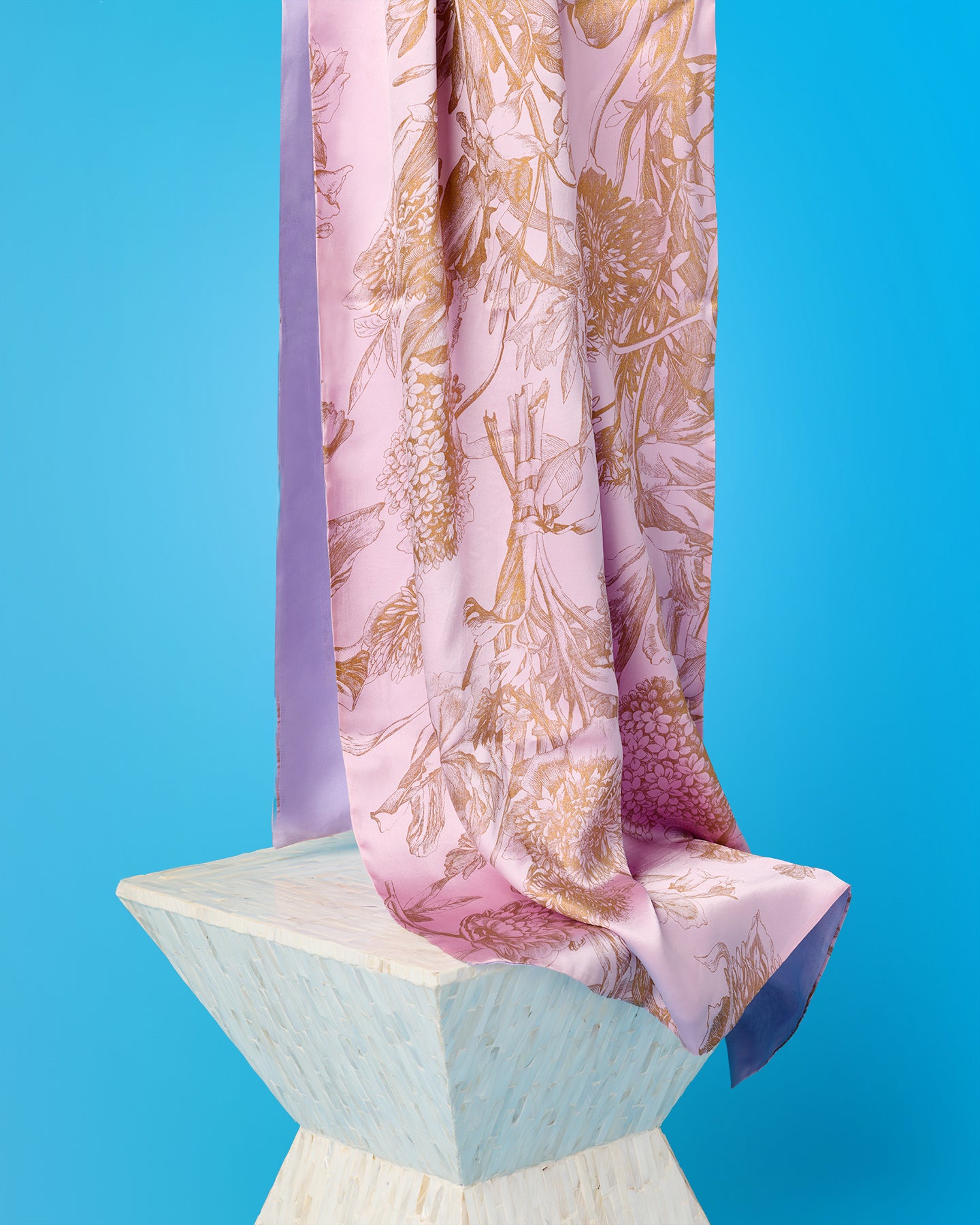 Cassidy Silk Shawl in Pink with Gold Floral Toile