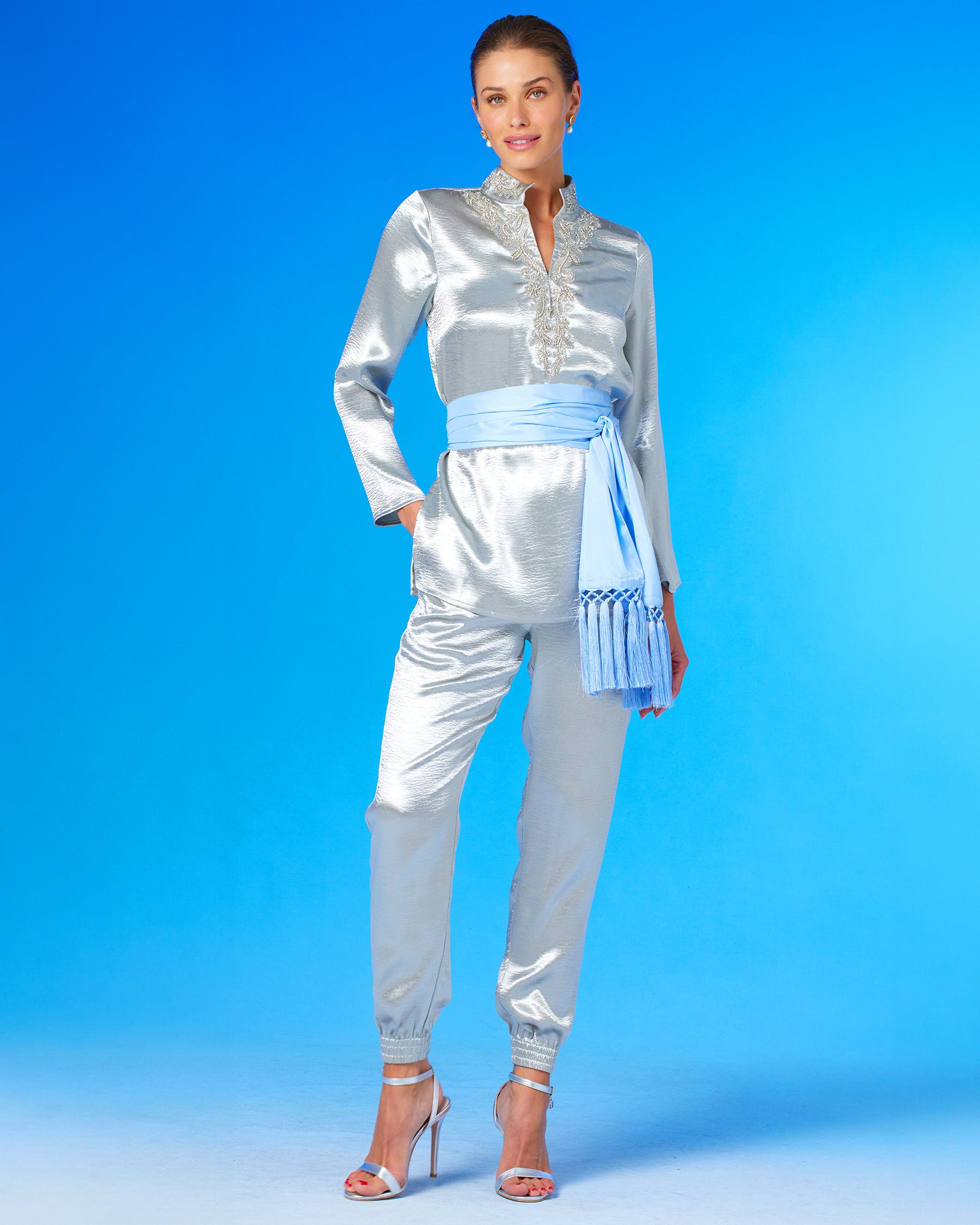 Sylvia Tunic in Silver Shimmer and Crystal Embellishment worn with the Emma Silver Shimmer Pant