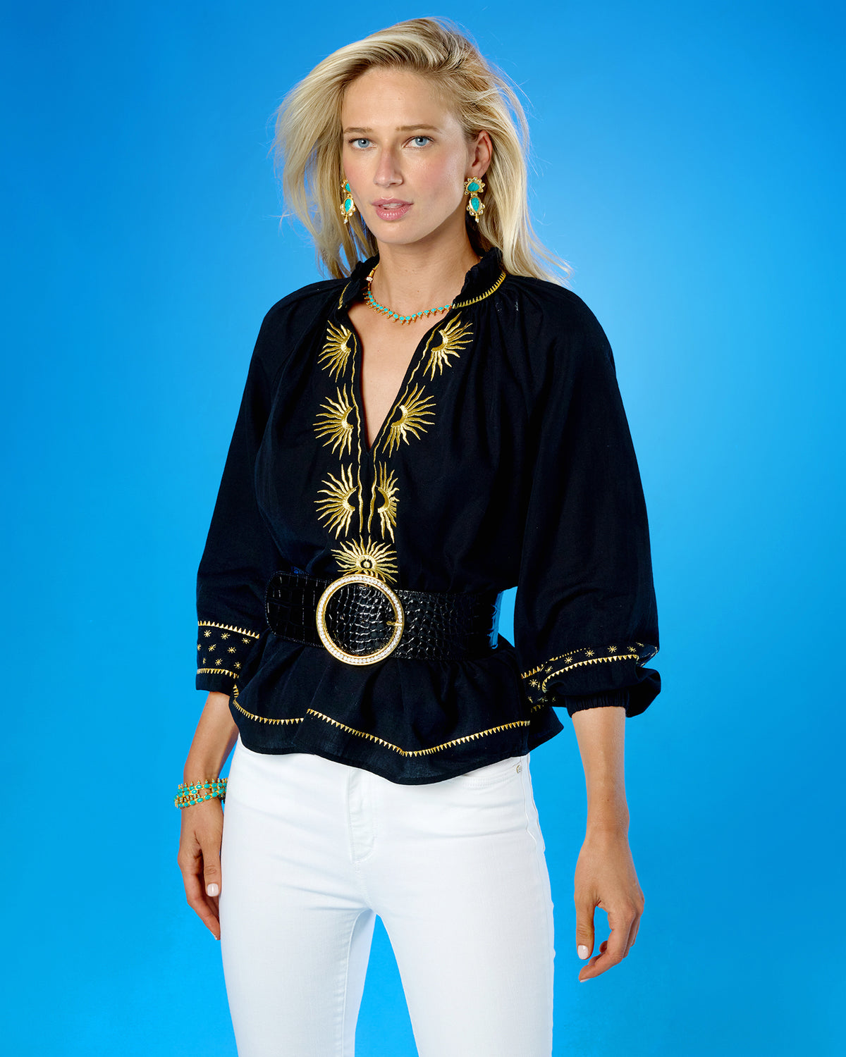 The Tatum Wide Leather Belt in Croc-Embossed Black worn with the Tangier Blouse and Gold Grecian Motif Embroidery in Black