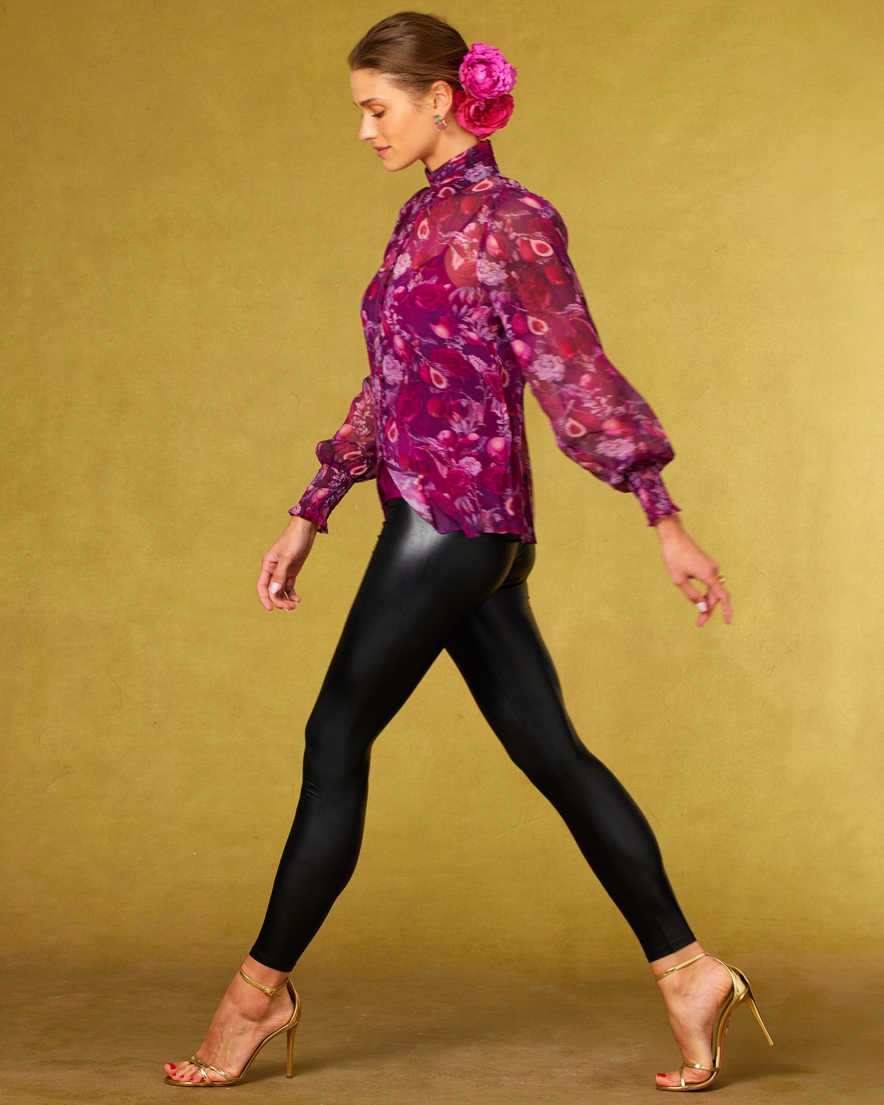 Tess Crinkle Chiffon Blouse in Opulent Harvest-walking side view with blouse untucked