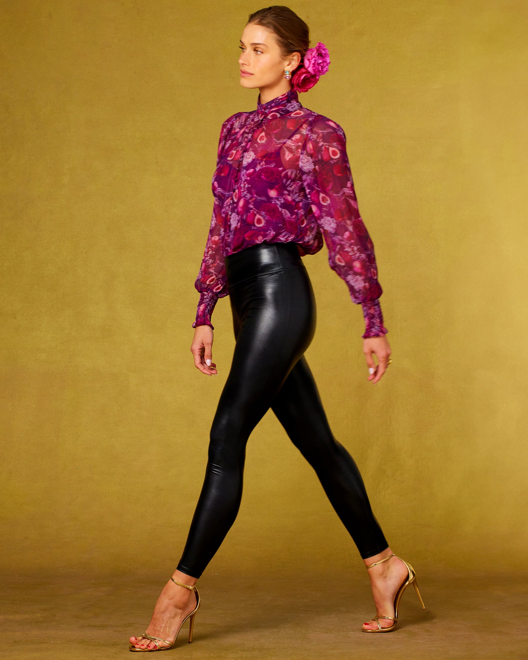 Tess Crinkle Chiffon Blouse in Opulent Harvest-walking side view