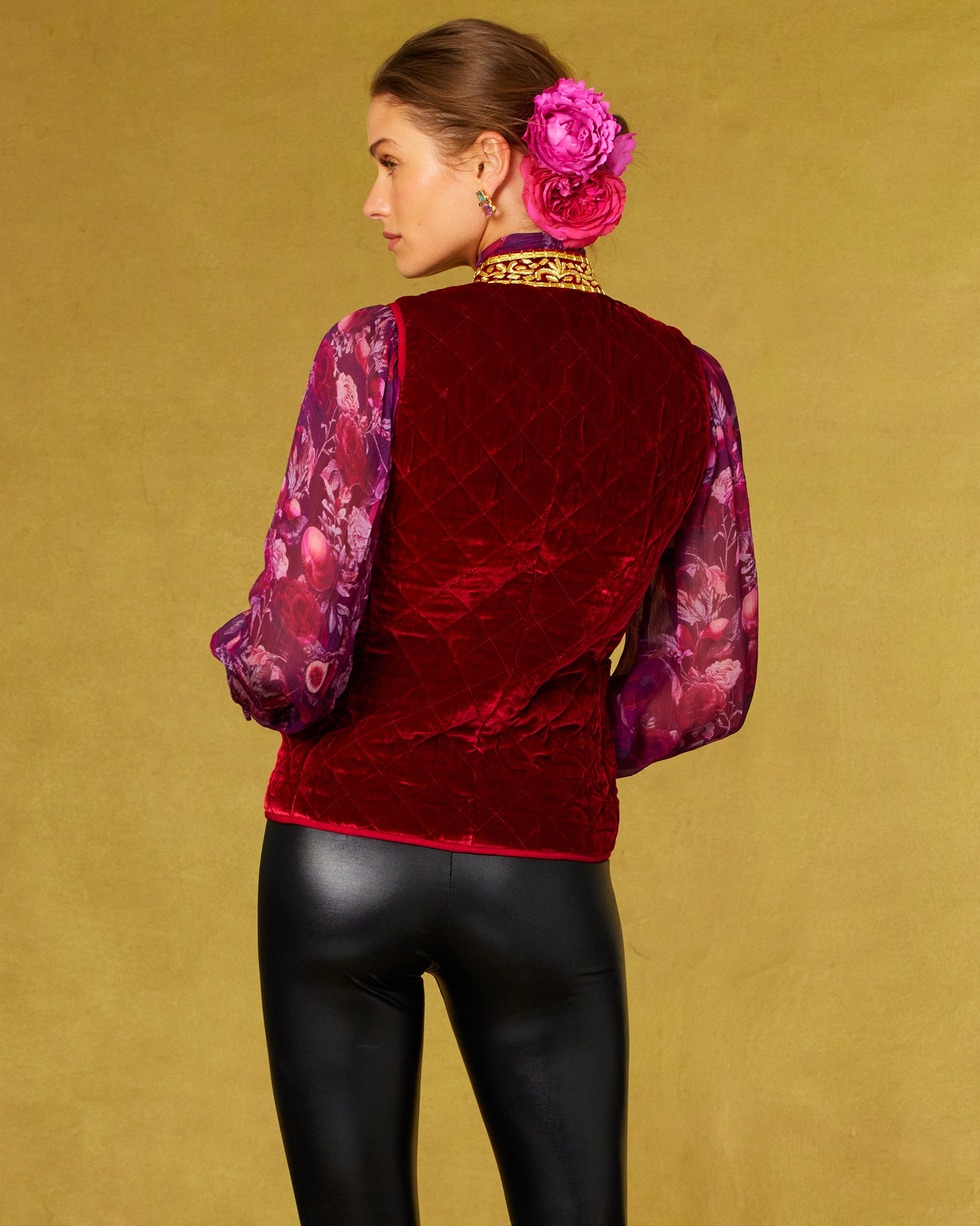 Bentley Quilted Vest in Crimson Red Silk Blend Velvet and Gold Embellishment-Back view