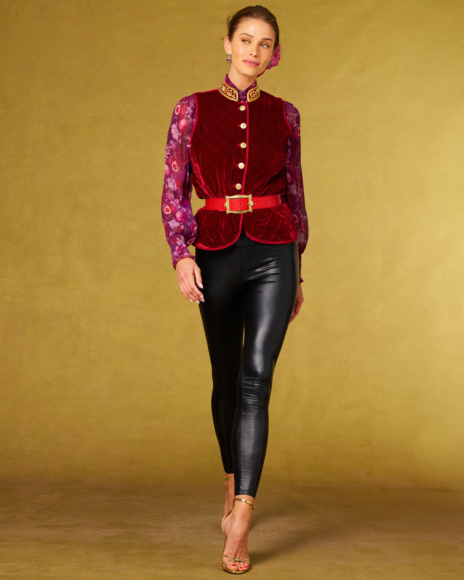 Blair Leather Belt in Croc-Embossed Red wotn with the Bentley Quilted Vest in Crimson Red Silk Blend Velvet and Gold Embellishment and the Roxana Lacquer Black Leggings