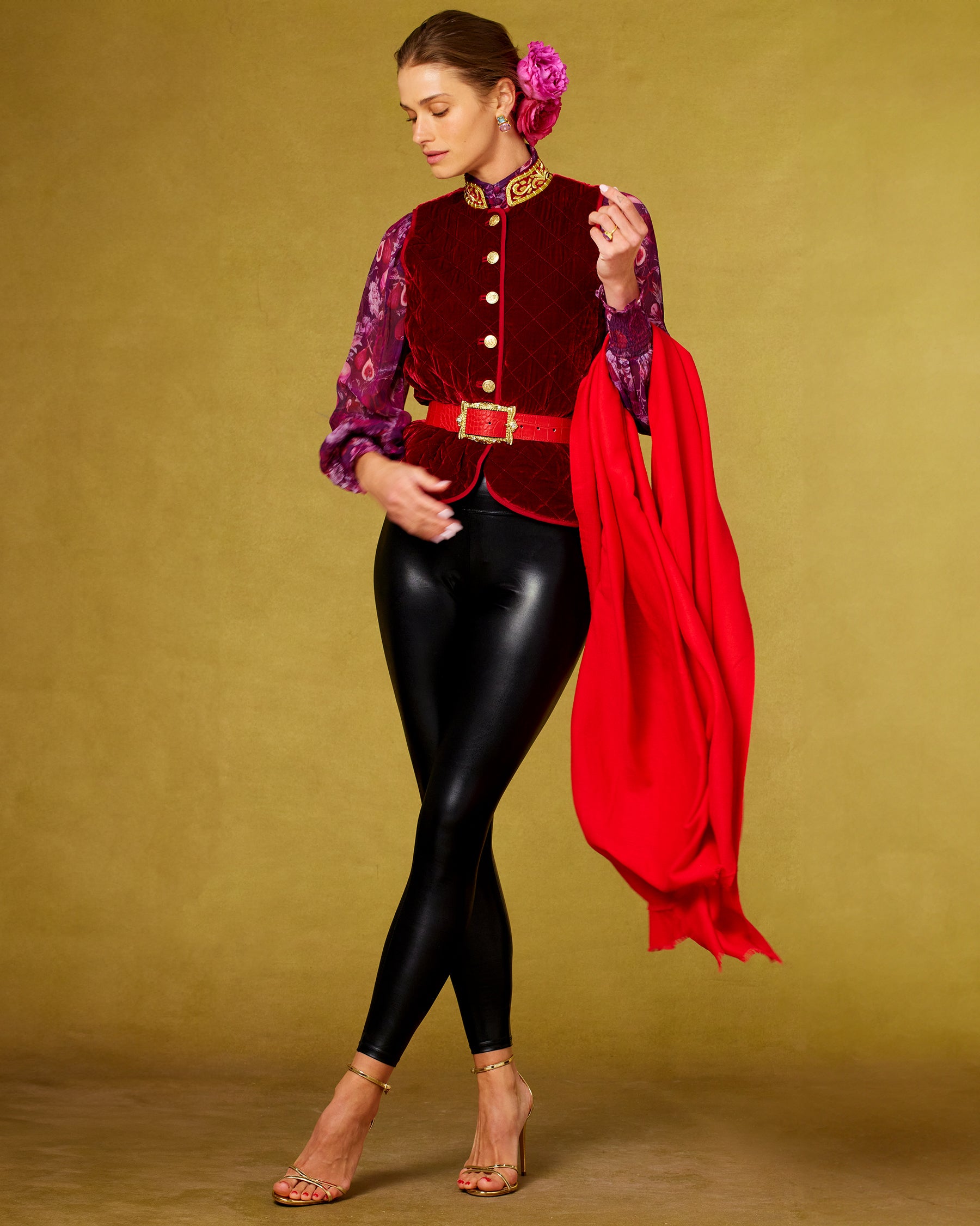 Blair Leather Belt in Croc-Embossed Red wotn with the Bentley Quilted Vest in Crimson Red Silk Blend Velvet and Gold Embellishment and the Roxana Lacquer Black Leggings