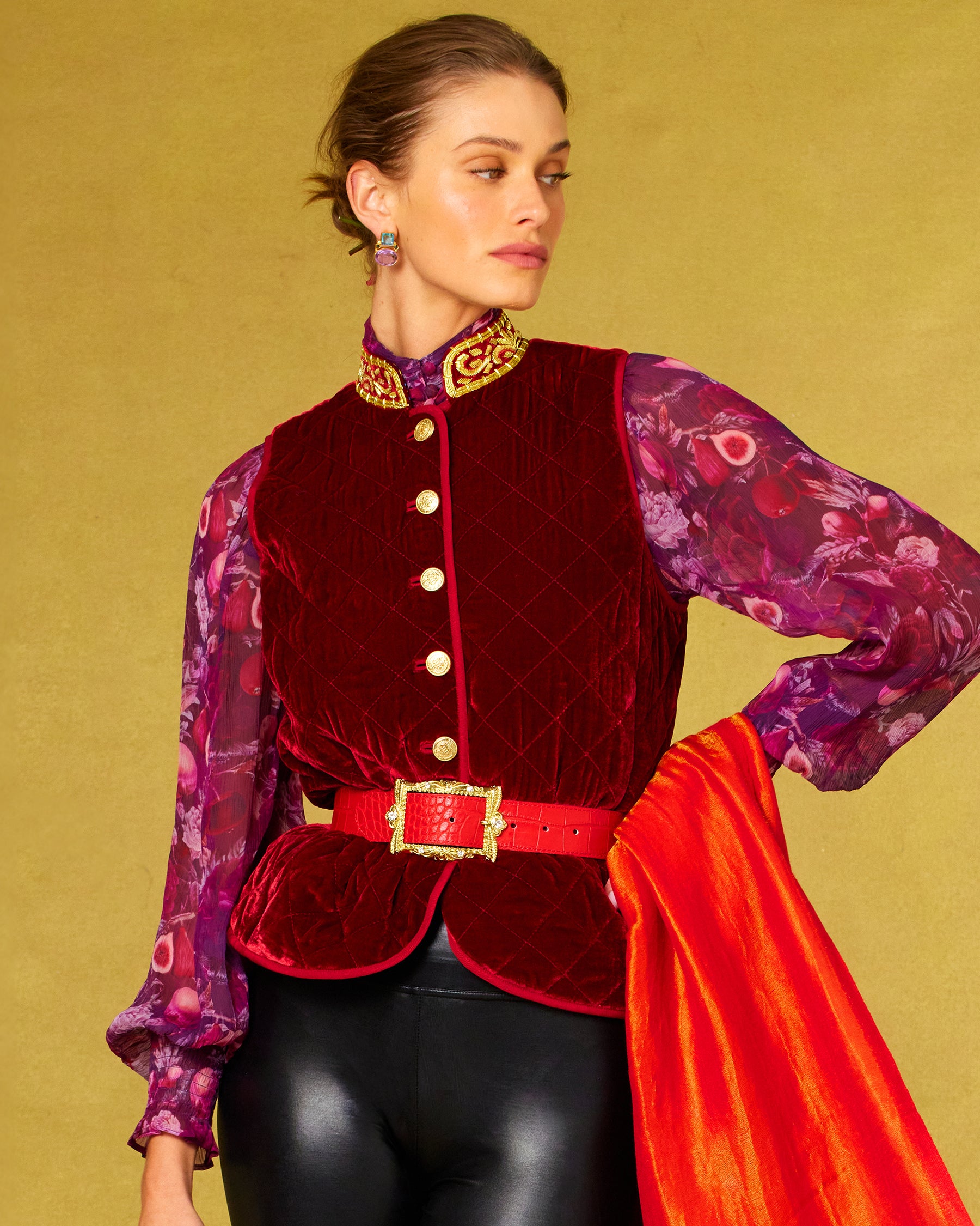 Bentley Quilted Vest in Crimson Red Silk Blend Velvet and Gold Embellishment worn with the Tess Crinkle Chiffon Blouse in Opulent Harvest and the Josephine Reversible Pashmina Shawl in Gold Shimmer Red