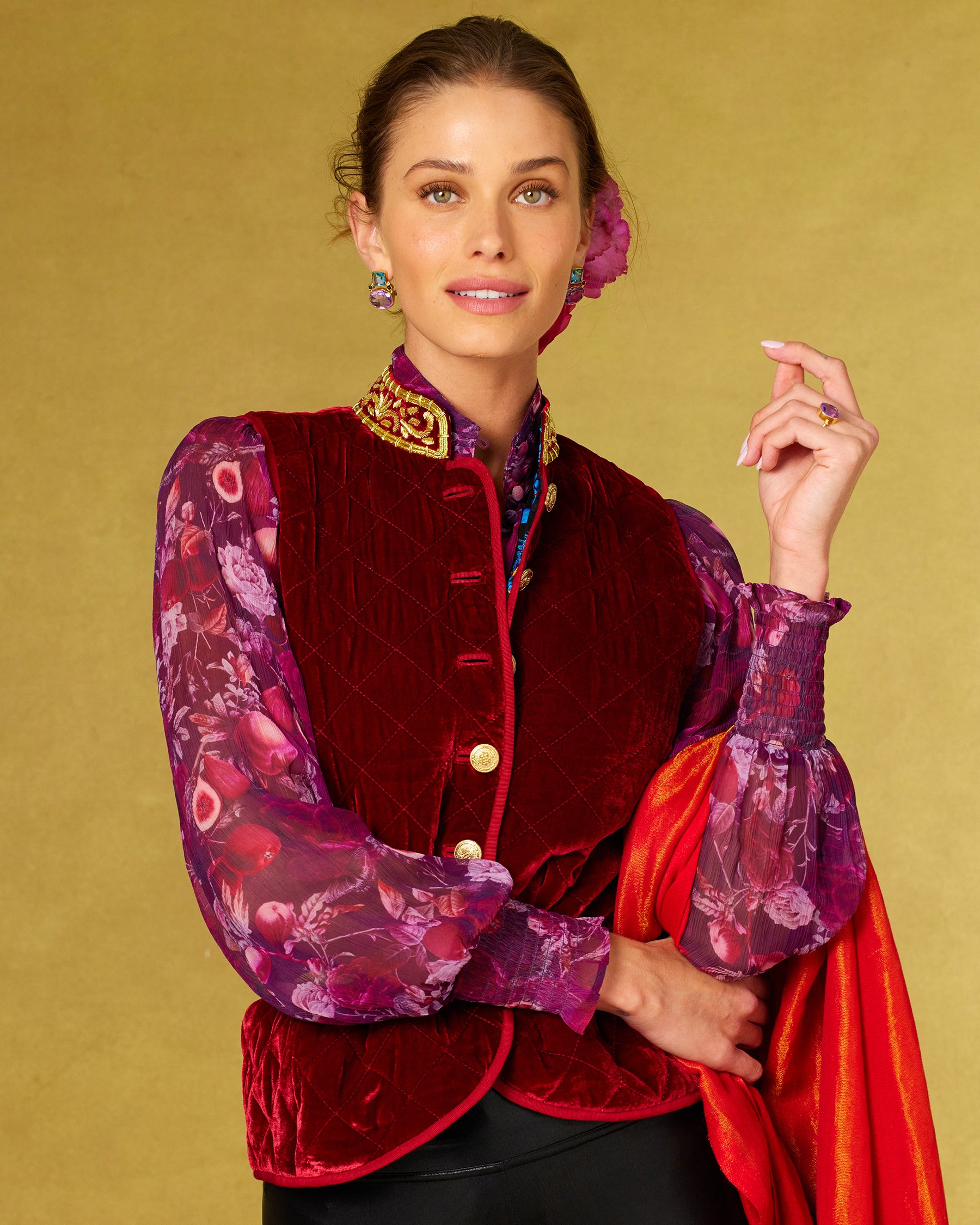 Bentley Quilted Vest in Crimson Red Silk Blend Velvet and Gold Embellishment worn with the Tess Crinkle Chiffon Blouse in Opulent Harvest and the Josephine Reversible Pashmina Shawl in Gold Shimmer Red