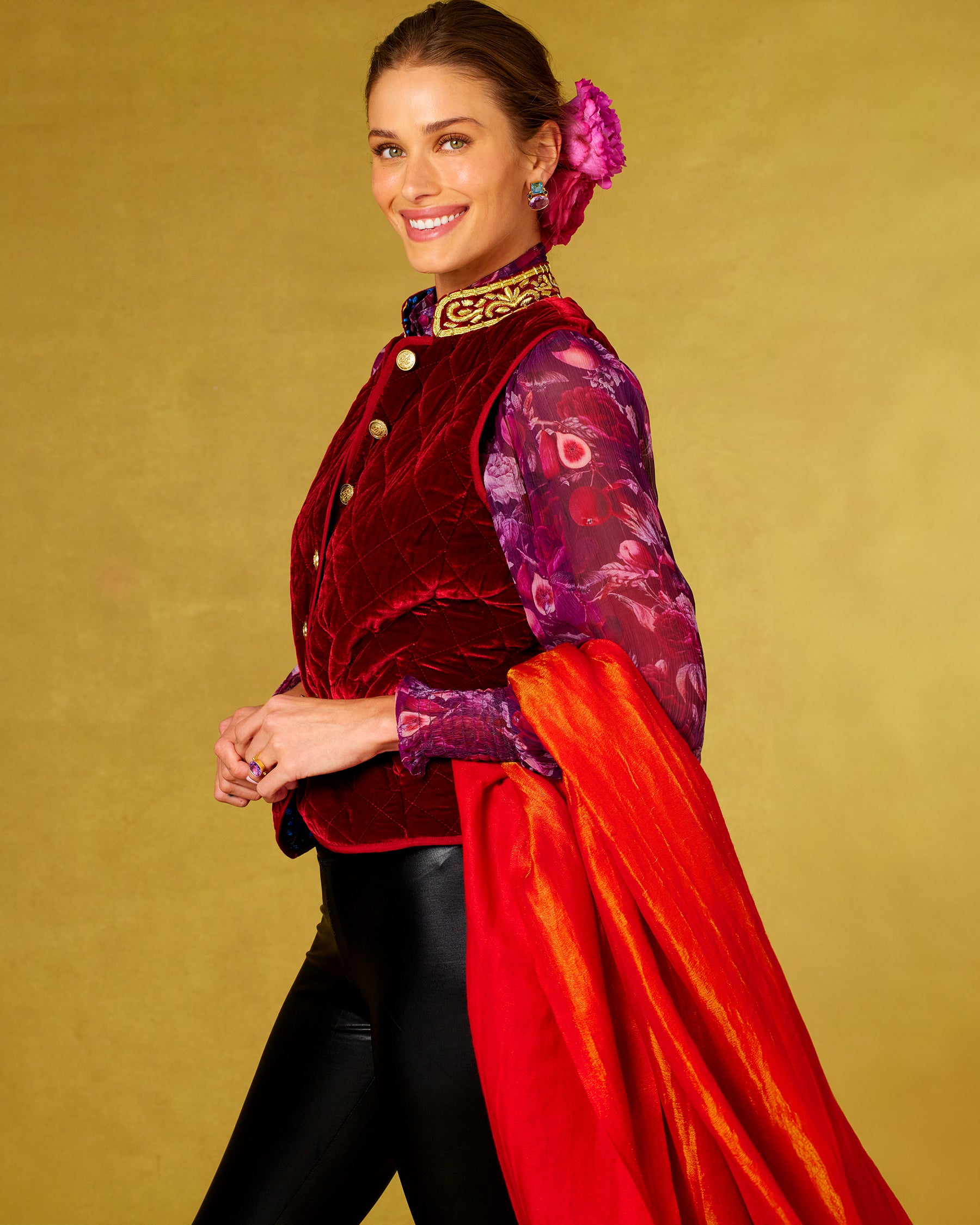 Bentley Quilted Vest in Crimson Red Silk Blend Velvet and Gold Embellishment worn with the Tess Crinkle Chiffon Blouse in Opulent Harvest and the Josephine Reversible Pashmina Shawl in Gold Shimmer Red