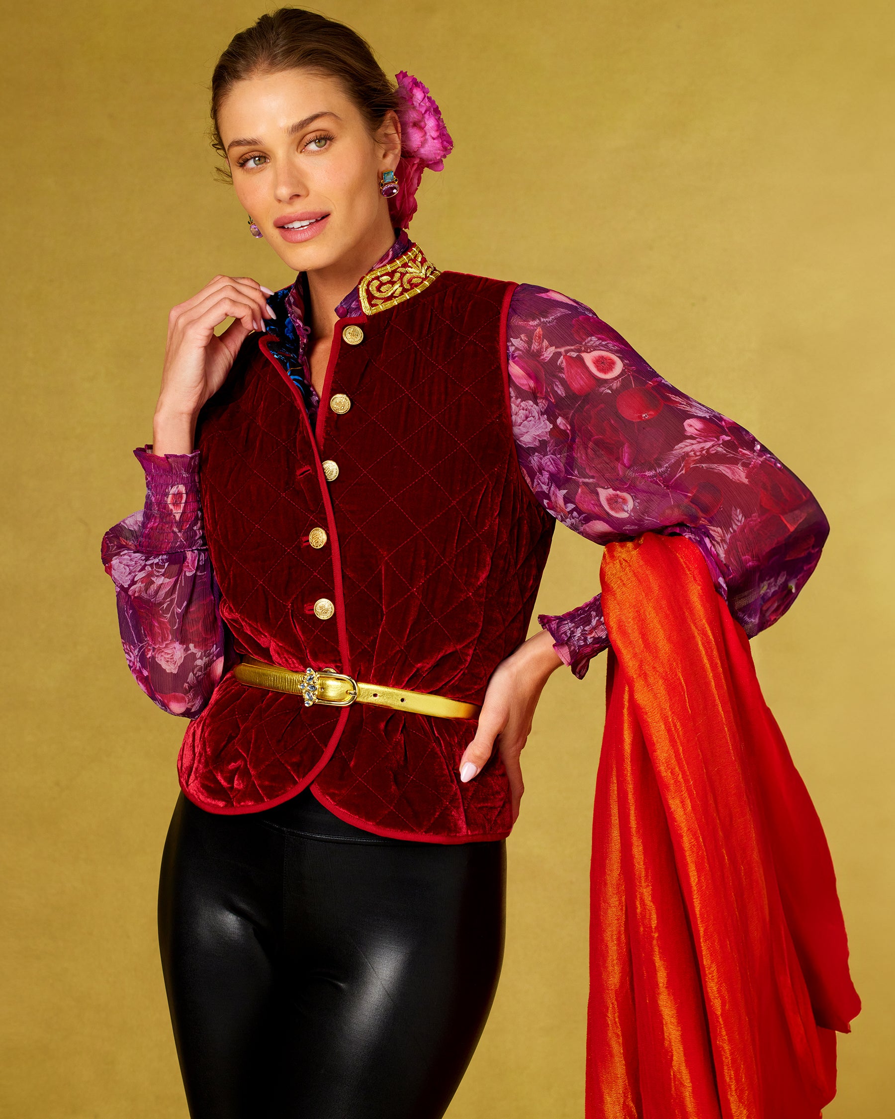 Bentley Quilted Vest in Crimson Red Silk Blend Velvet and Gold Embellishment worn with the Tess Crinkle Chiffon Blouse in Opulent Harvest and the Josephine Reversible Pashmina Shawl in Gold Shimmer Red