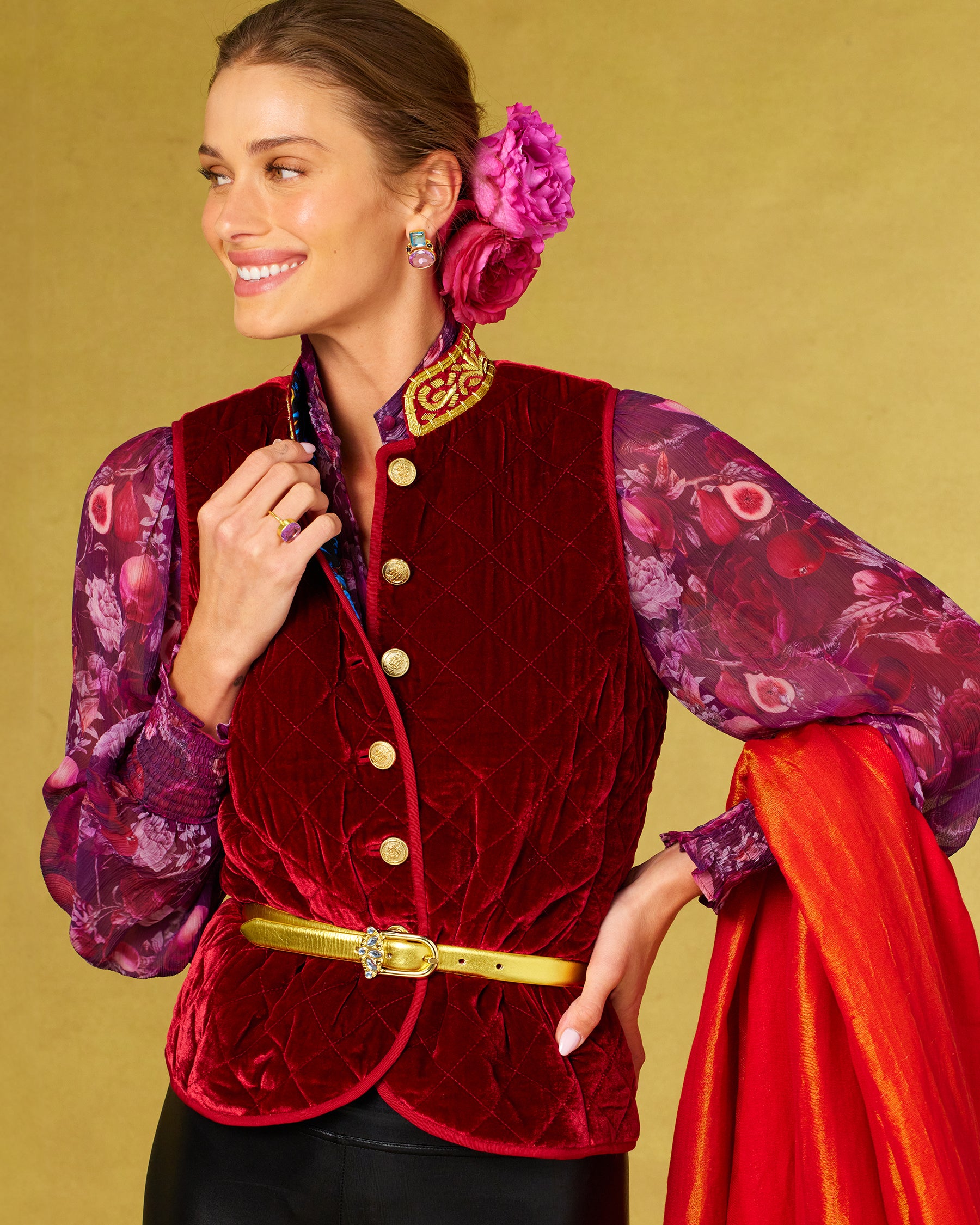 Bentley Quilted Vest in Crimson Red Silk Blend Velvet and Gold Embellishment worn with the Tess Crinkle Chiffon Blouse in Opulent Harvest and the Josephine Reversible Pashmina Shawl in Gold Shimmer Red